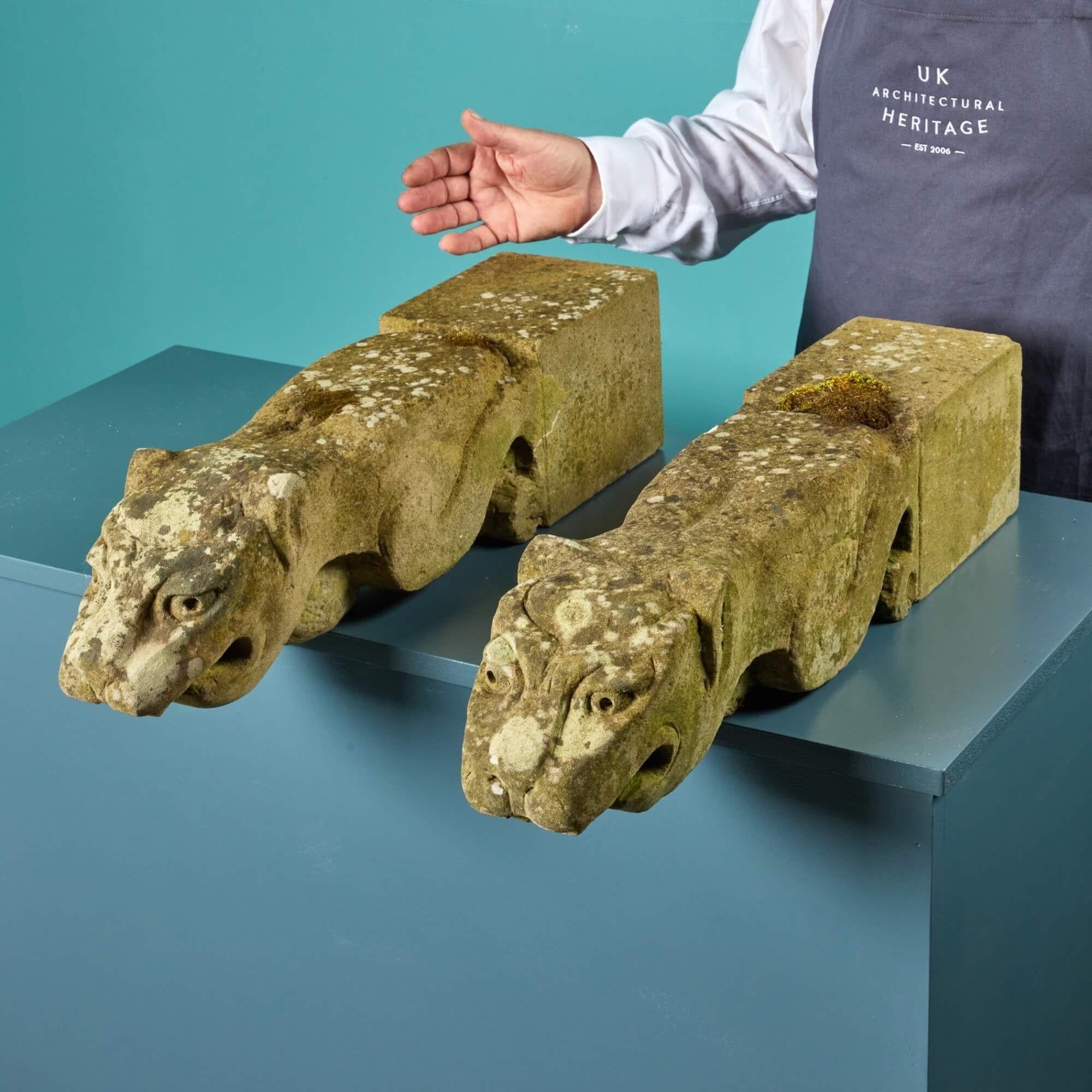 A pair of striking antique stone gargoyles, possibly stylised lions, wolves, or dogs, on rectangular bases, dating from the late 19th / early 20th century. These Gothic gargoyles were once built into a wall, making a dramatic addition to a facade or