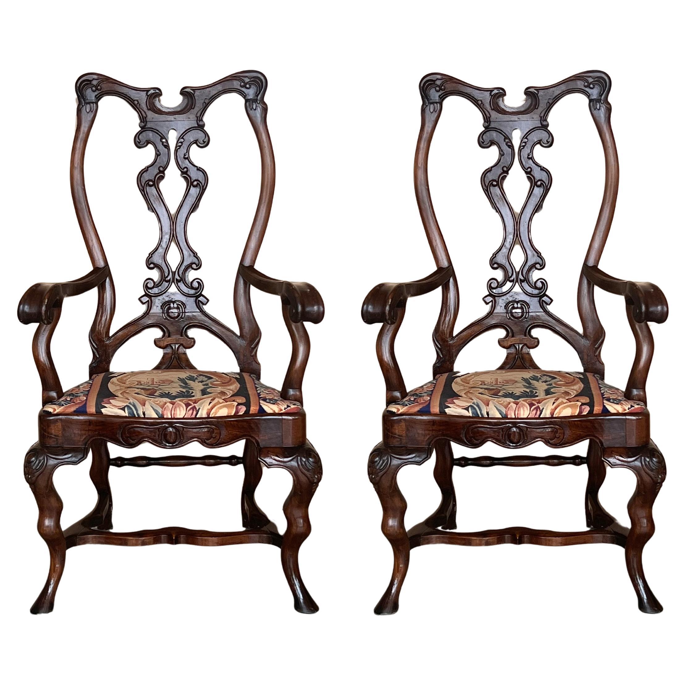 Pair of Gothic Chippendale Dining Armchairs in Solid Mahogany , 1890 For Sale