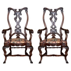 Pair of Gothic Chippendale Dining Armchairs in Solid Mahogany , 1890
