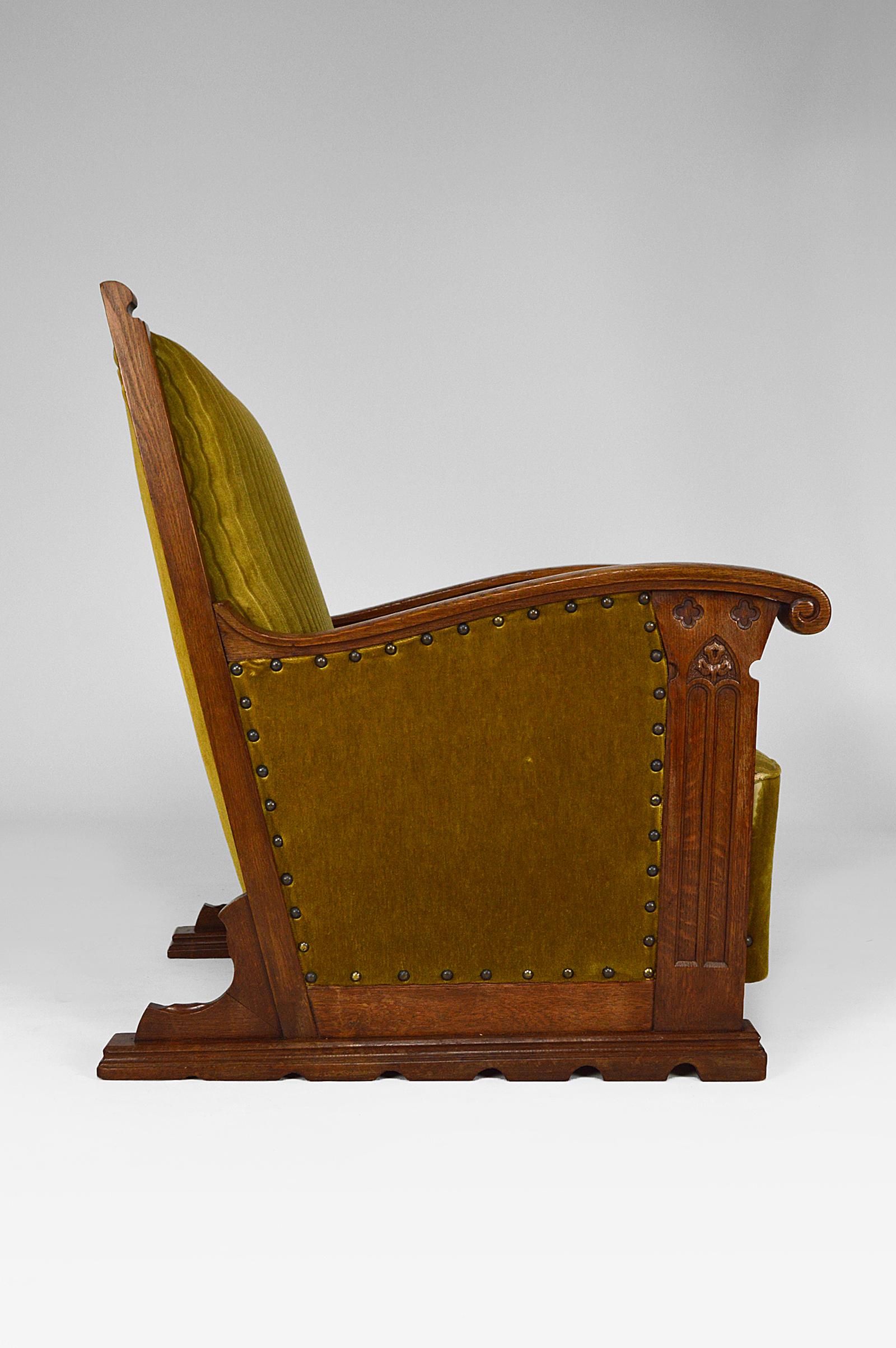 Pair of Gothic Club Armchairs in Oak and Green Velvet, circa 1900 2