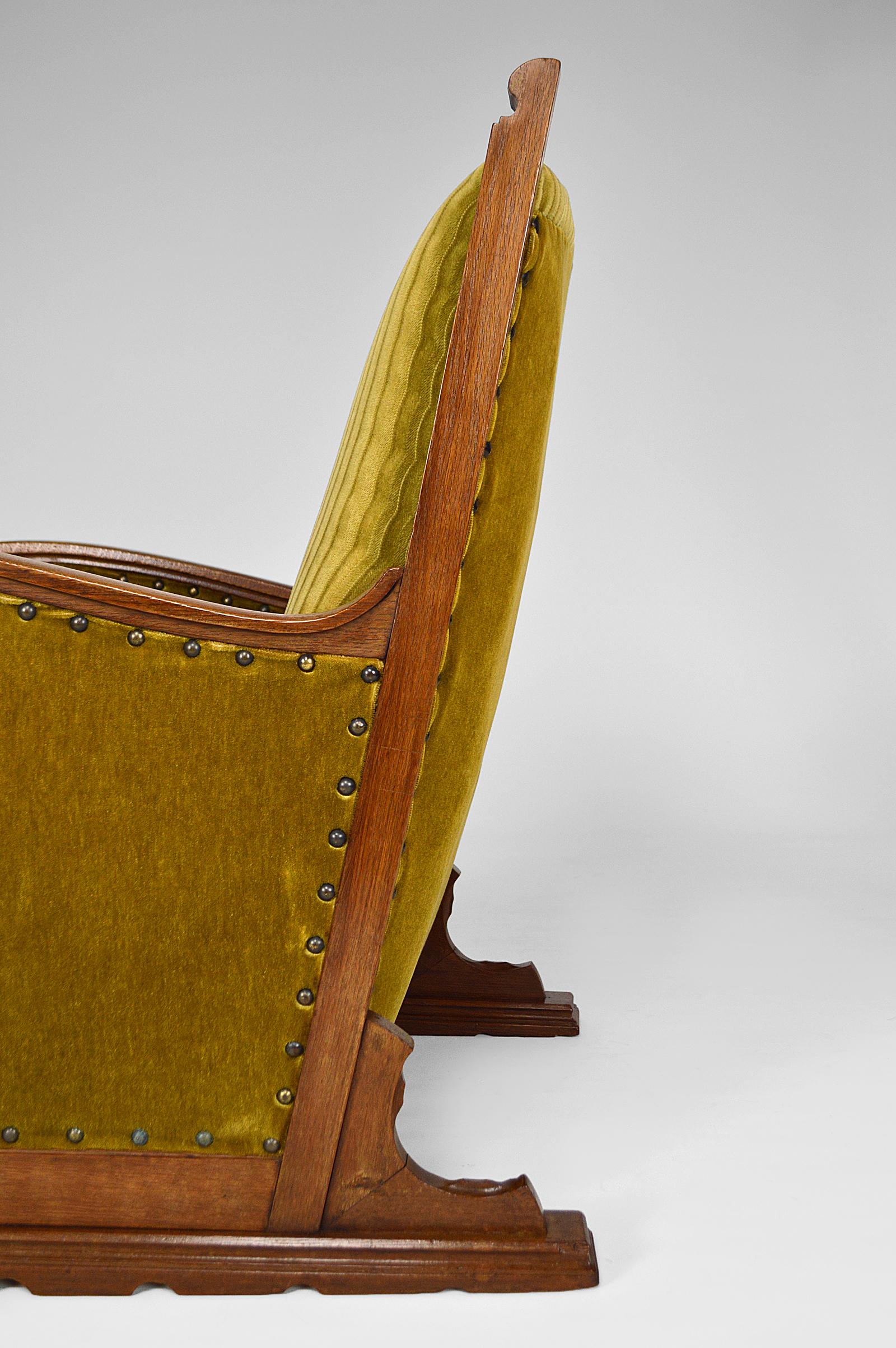 Pair of Gothic Club Armchairs in Oak and Green Velvet, circa 1900 6