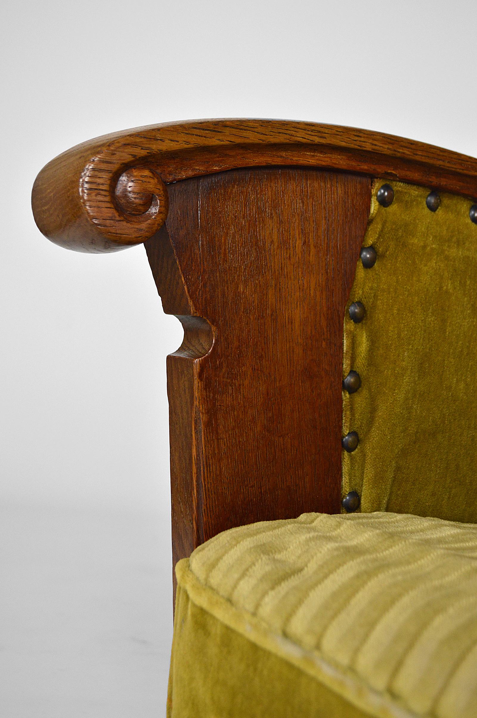 Pair of Gothic Club Armchairs in Oak and Green Velvet, circa 1900 10