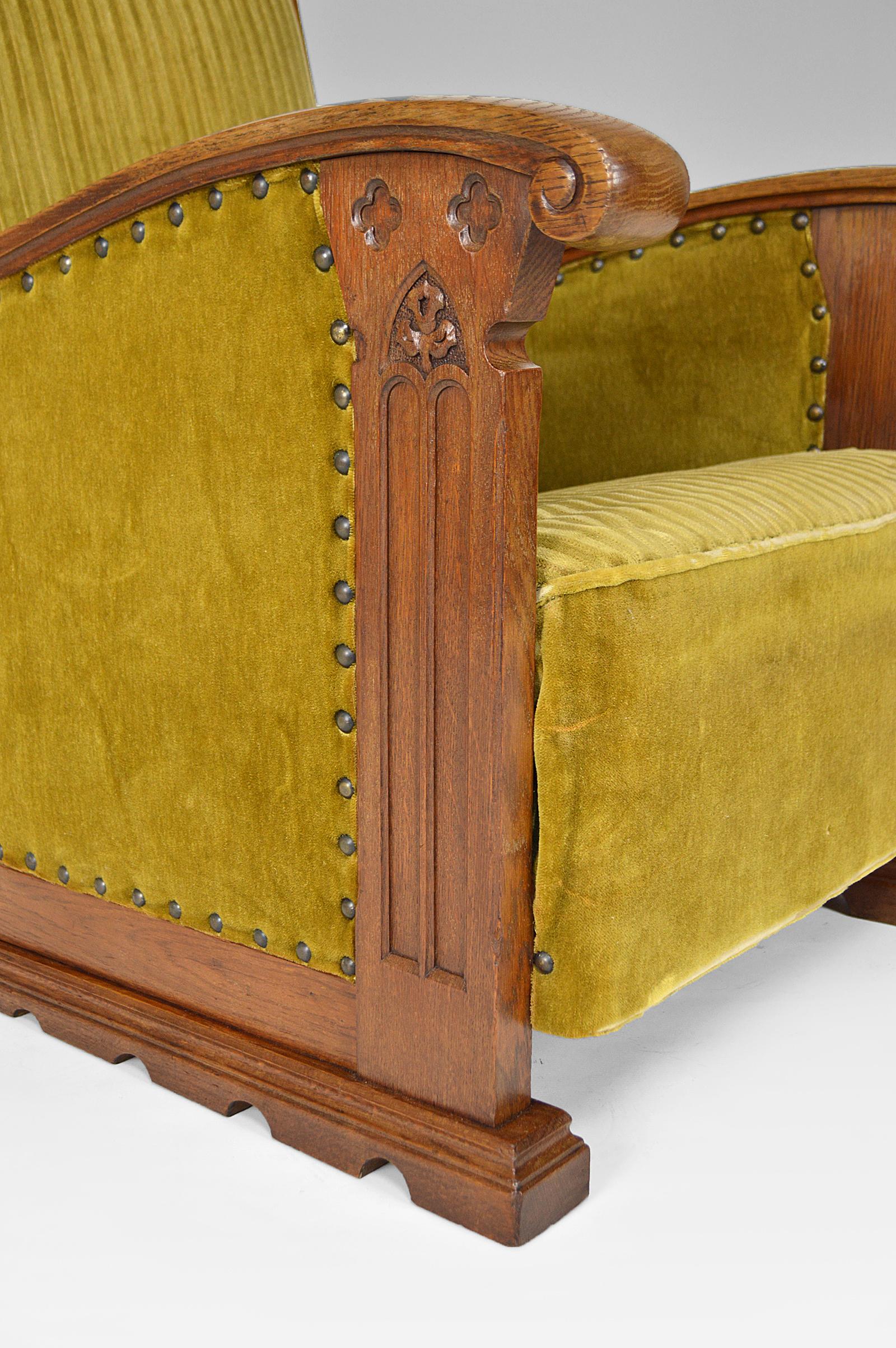Pair of Gothic Club Armchairs in Oak and Green Velvet, circa 1900 11