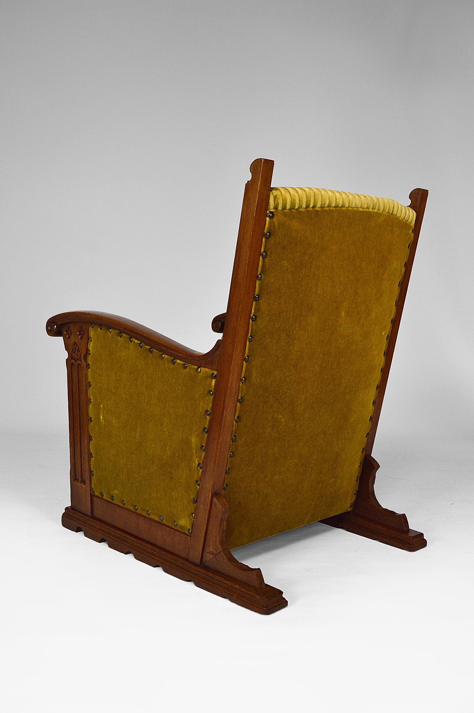 Fabric Pair of Gothic Club Armchairs in Oak and Green Velvet, circa 1900
