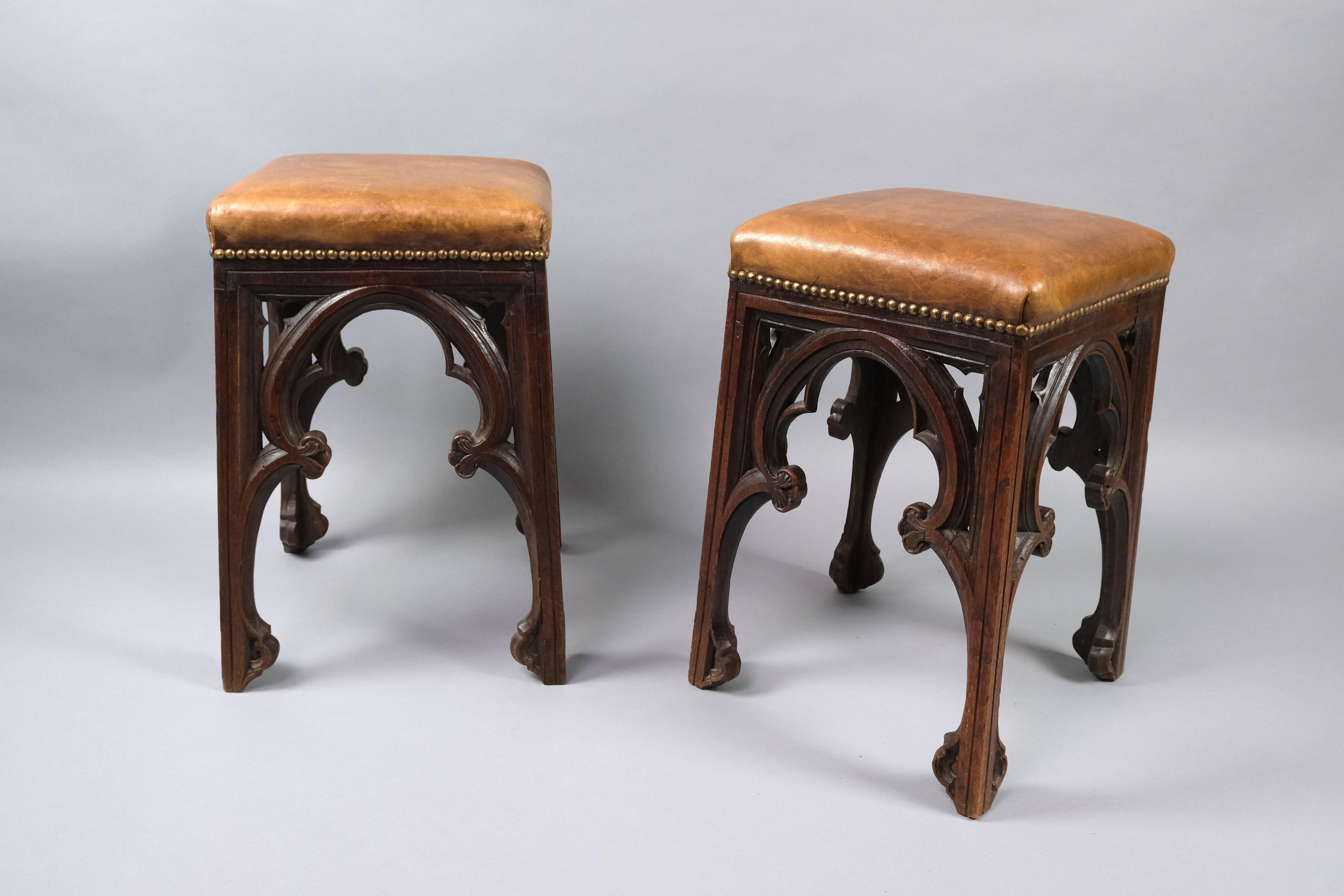 Gothic Revival Pair of Gothic French Oak Stools