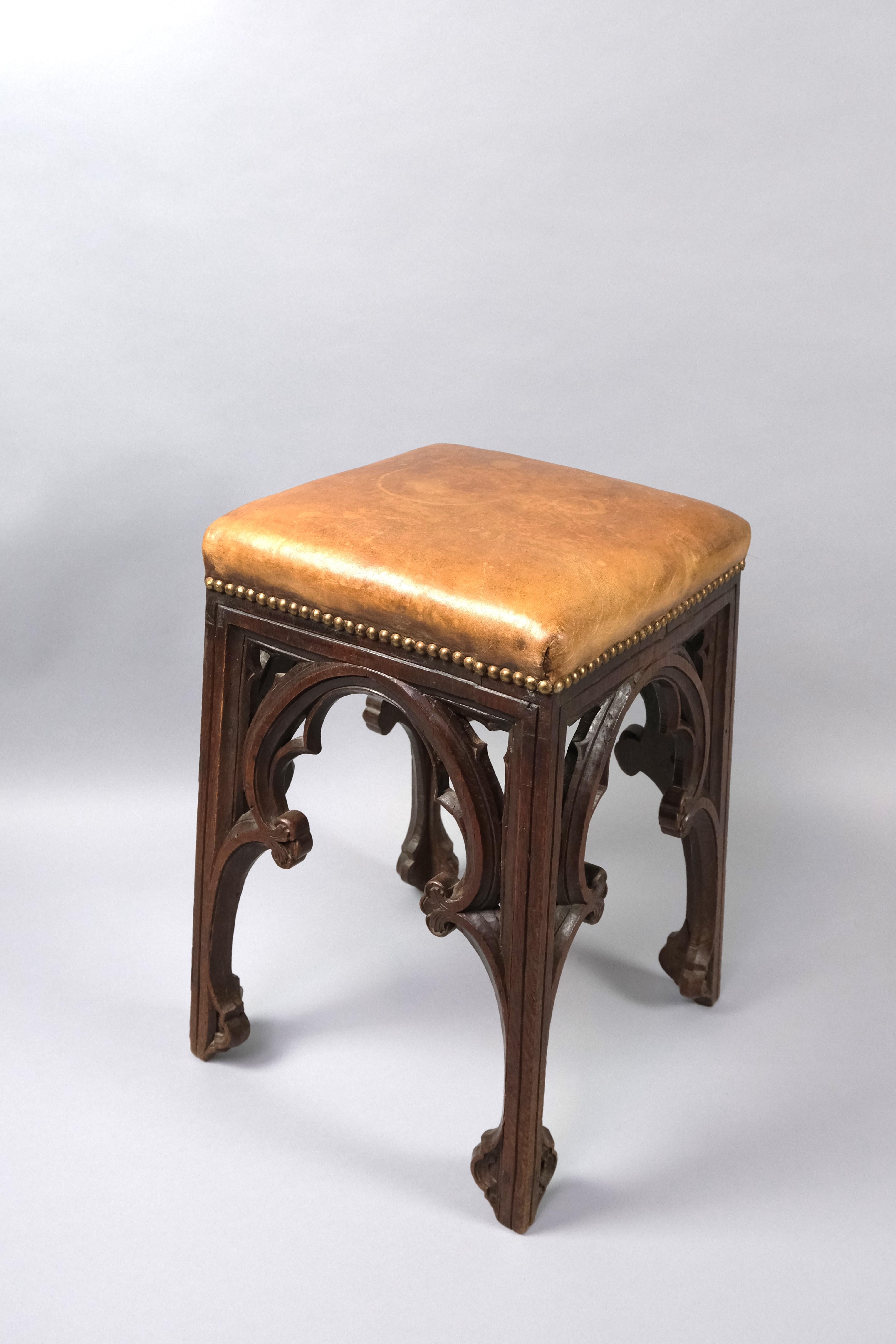 Hand-Carved Pair of Gothic French Oak Stools