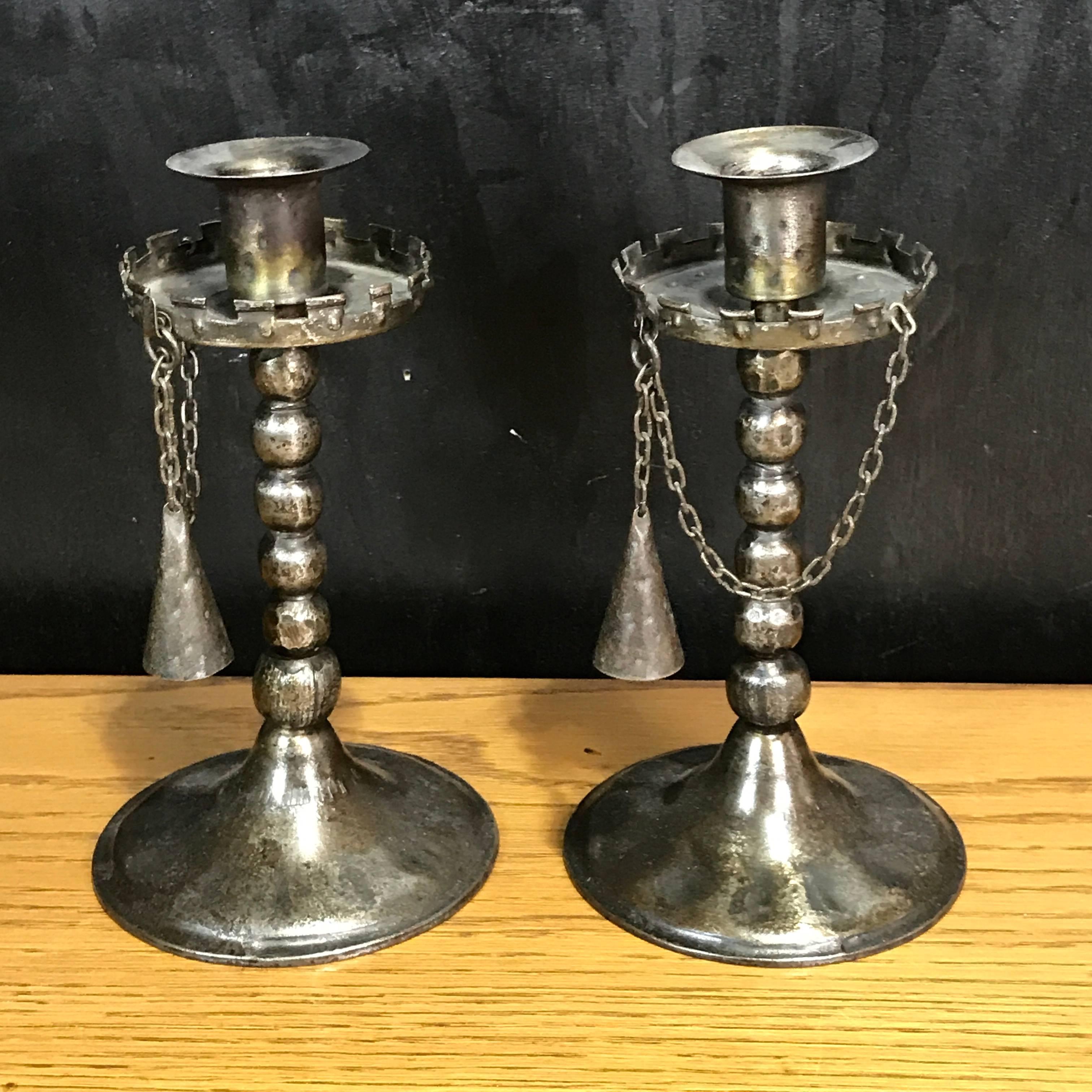 Pair of Gothic Iron Candlesticks with Snuffers In Good Condition In West Palm Beach, FL