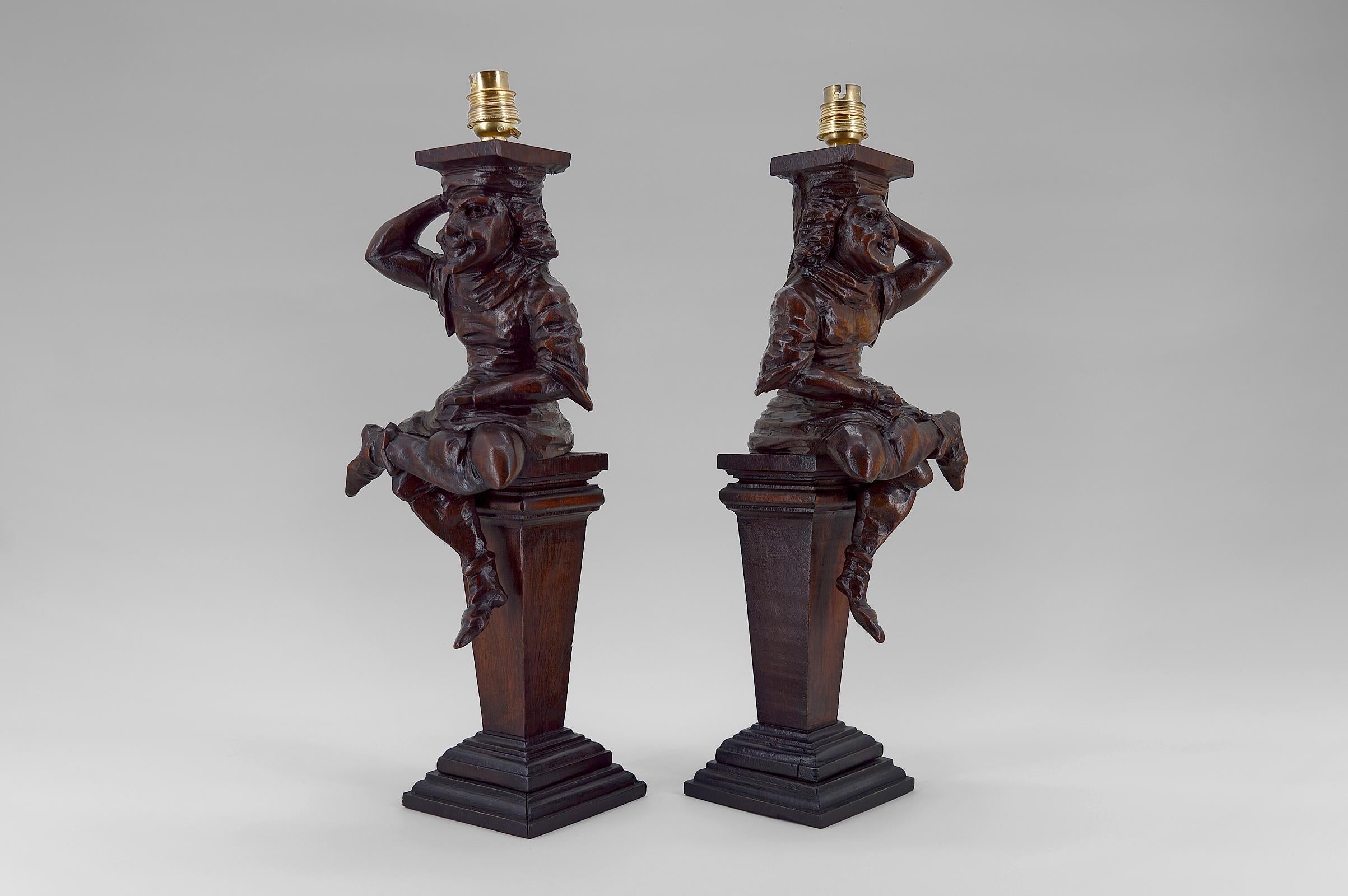 French Pair of Gothic Jesters Lamps, France, 19th Century For Sale