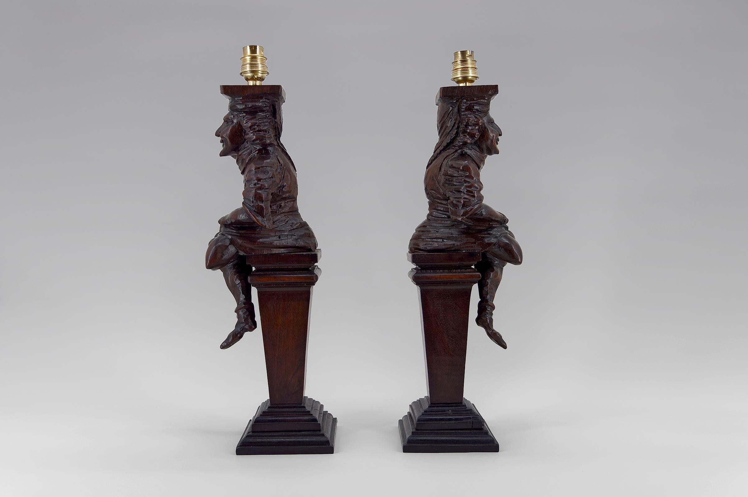 Carved Pair of Gothic Jesters Lamps, France, 19th Century For Sale