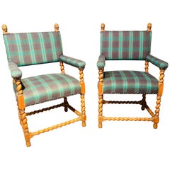 Pair of Gothic Lion Head and Spiral Posts Armchairs with Plaid Upholstery