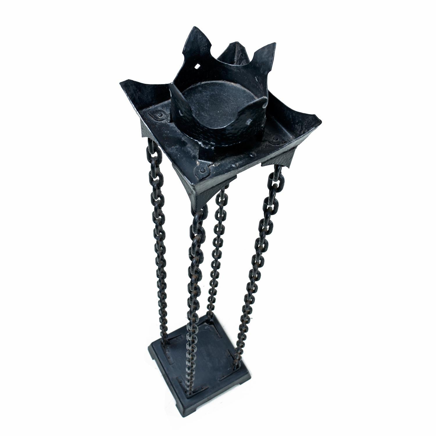Gothic Revival Pair of Gothic Metal Chain Link Torchiere Floor Standing Candle Holders For Sale