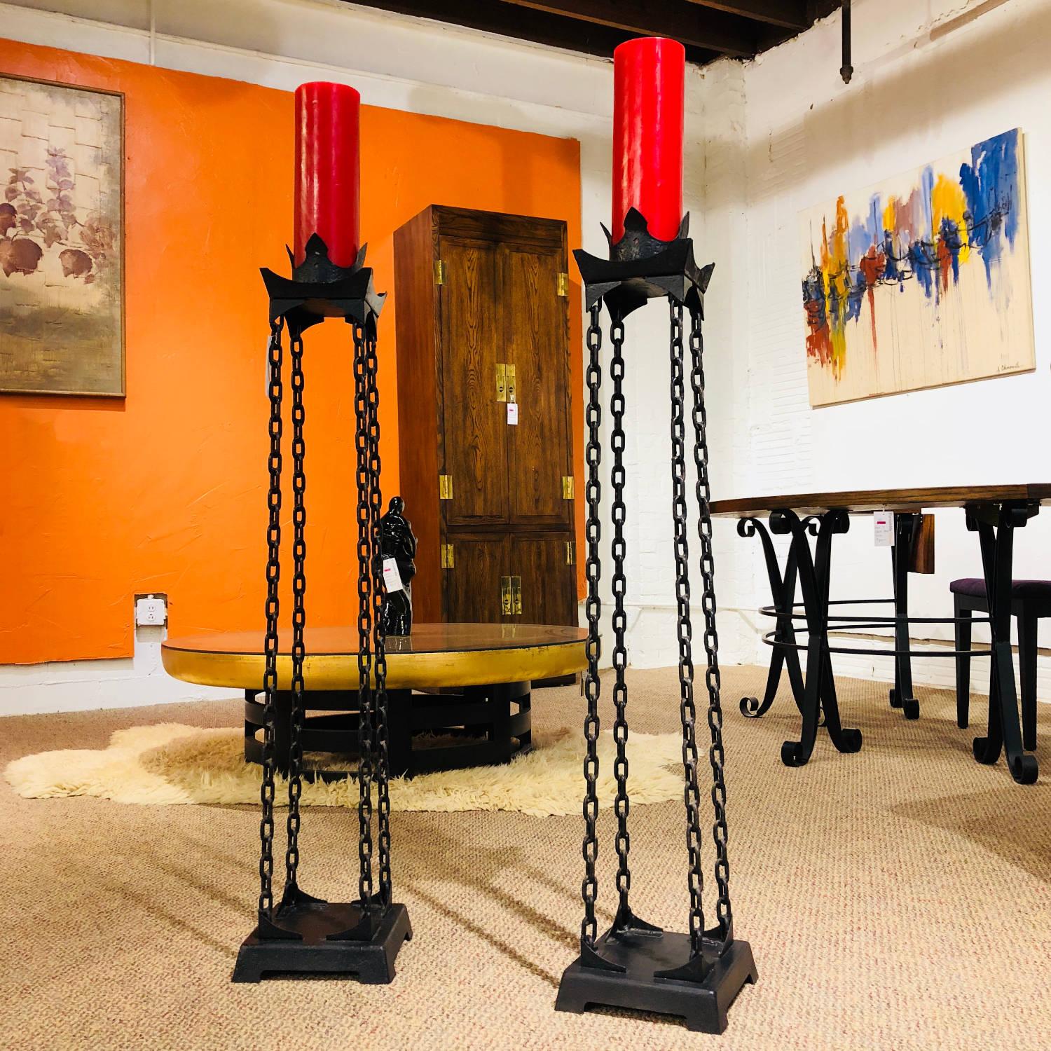 American Pair of Gothic Metal Chain Link Torchiere Floor Standing Candle Holders For Sale