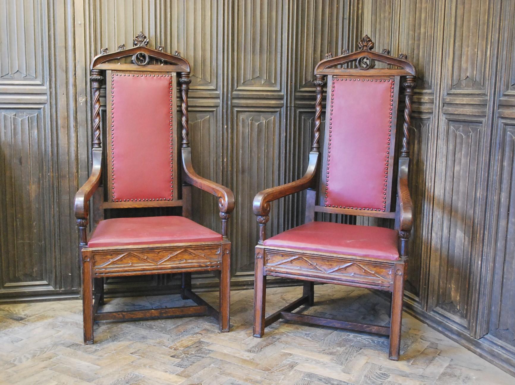 Pair of Gothic Oak Armchairs For Sale 1