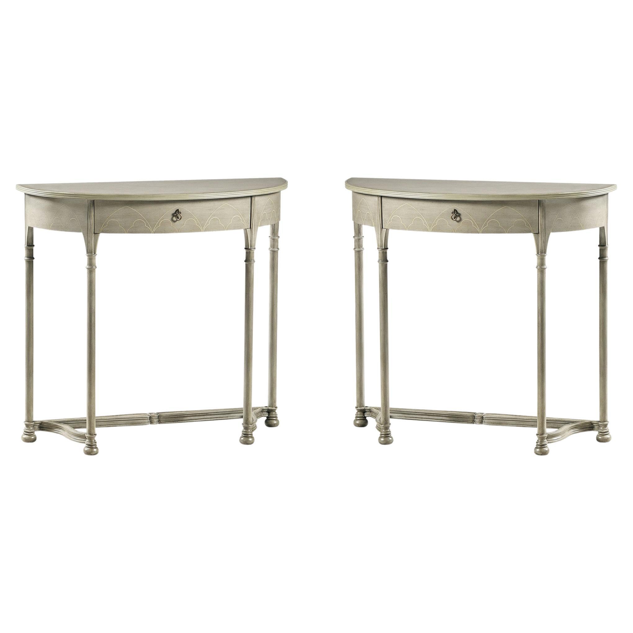 Pair of Gothic Painted Console Tables, Grey