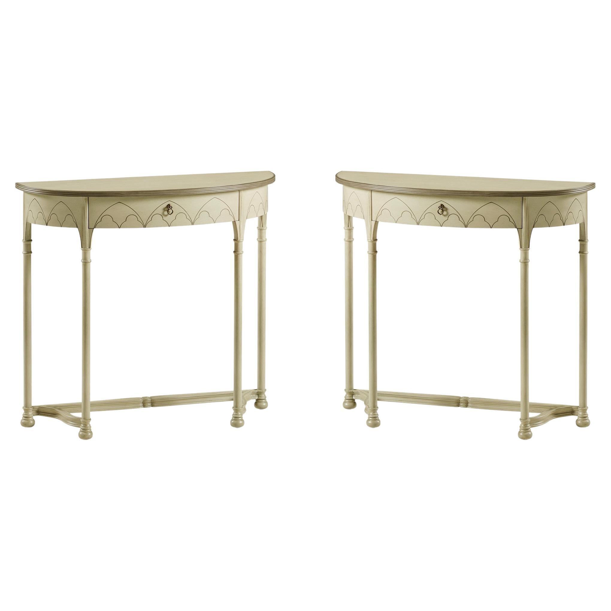 Pair of Gothic Painted Console Tables, Sage For Sale