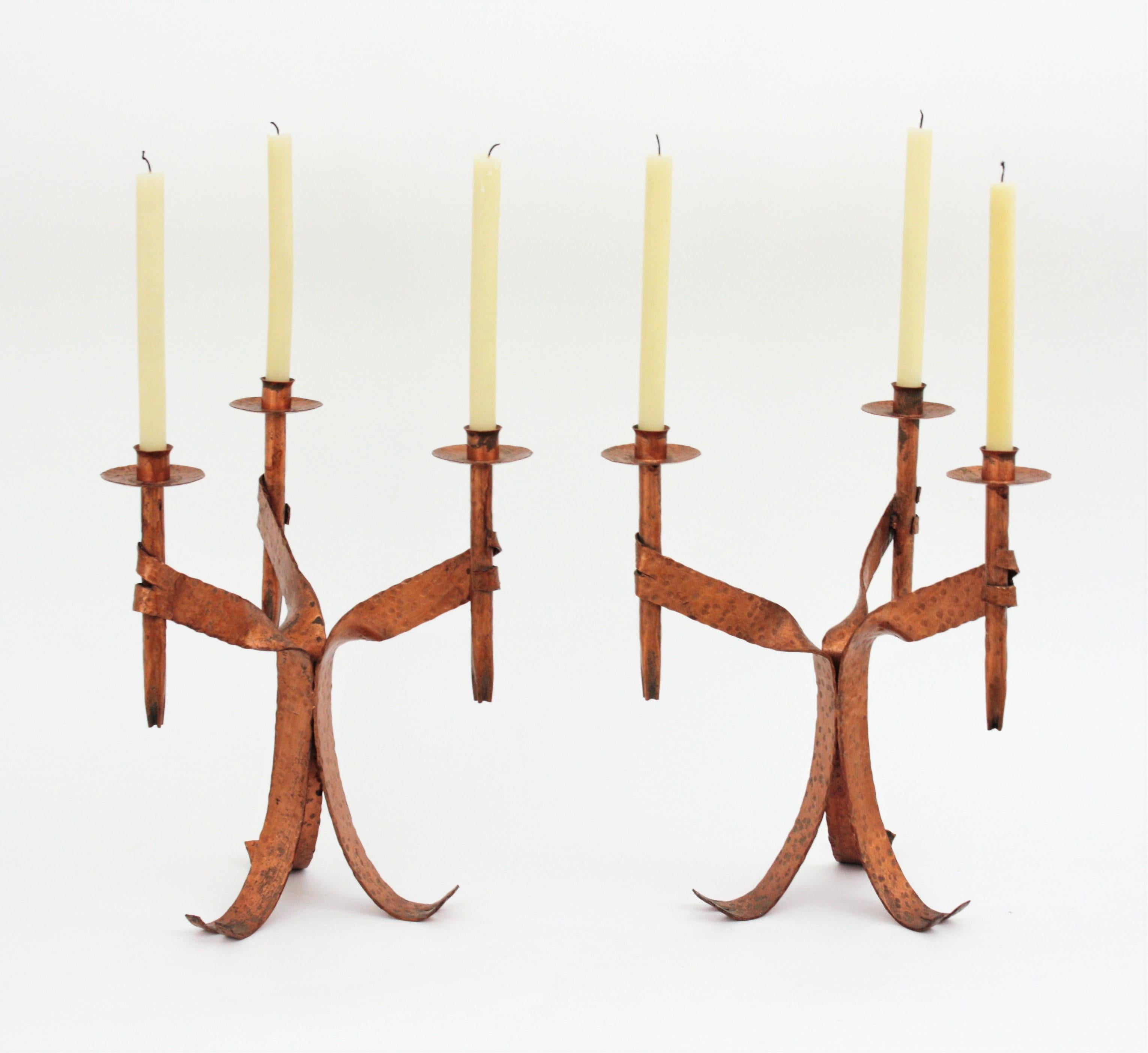 Pair of Candleholders in Coppered Wrought Iron, Gothic Revival For Sale 5