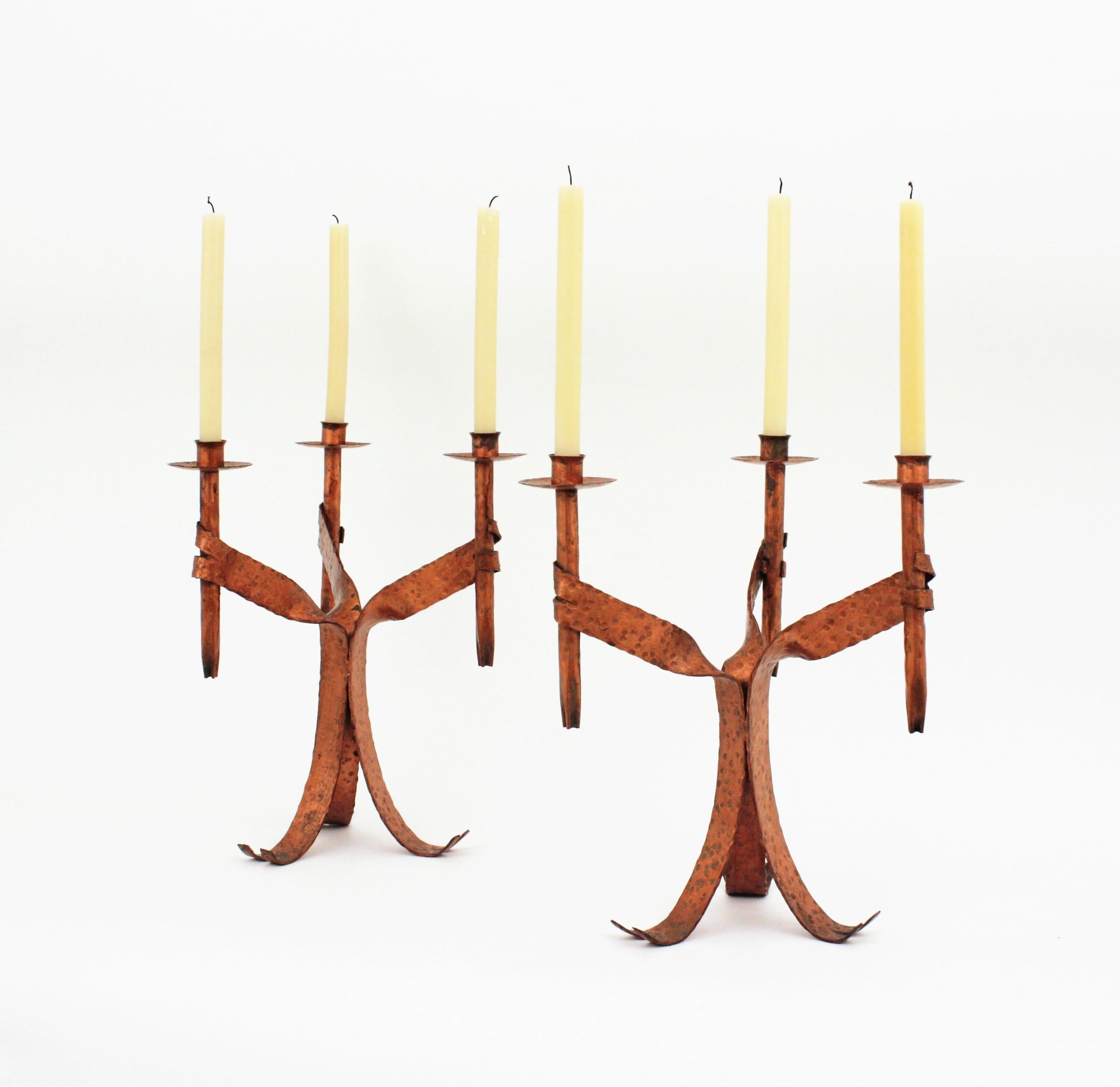 Pair of Candleholders in Coppered Wrought Iron, Gothic Revival For Sale 8