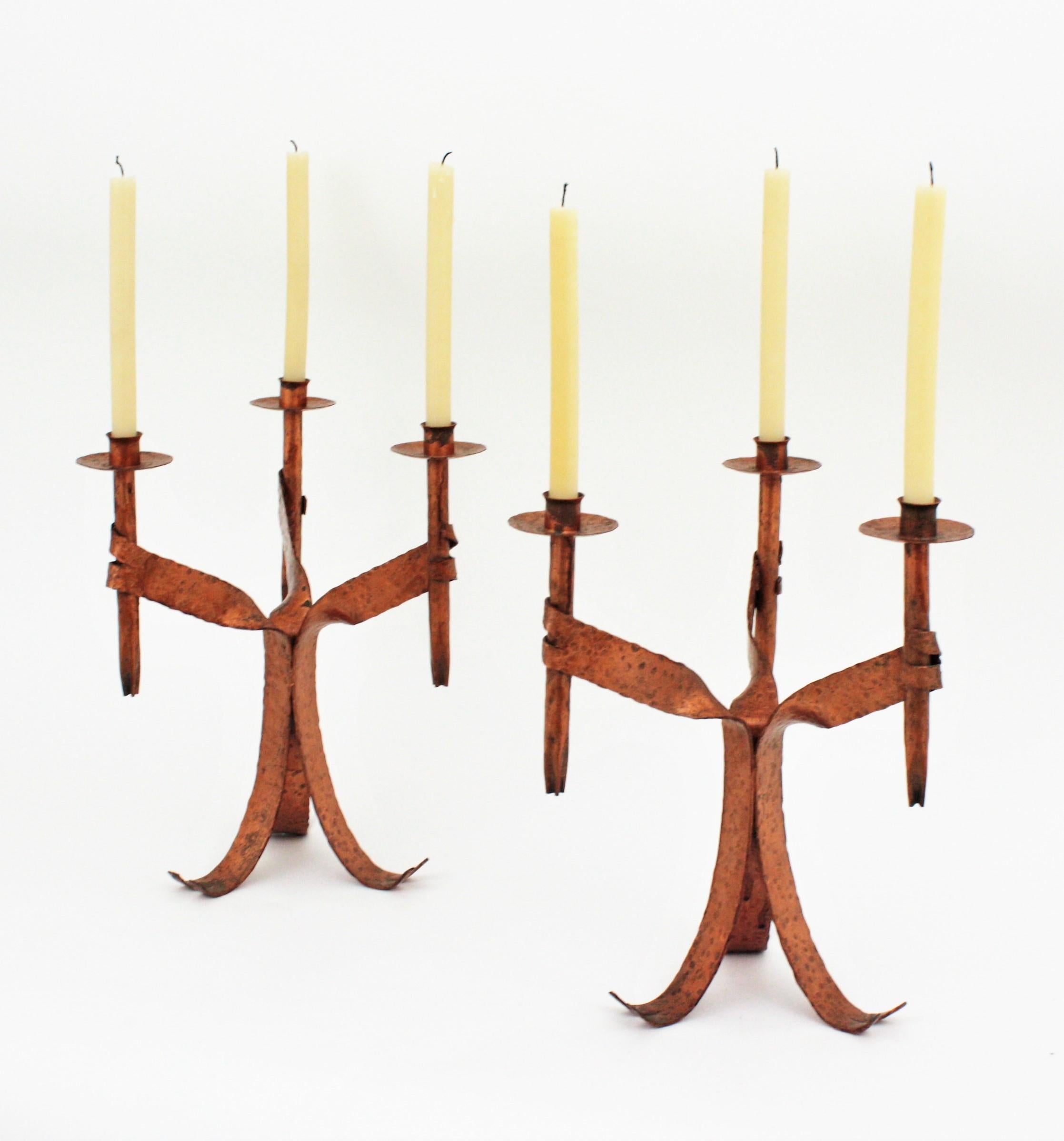 Pair of Candleholders in Coppered Wrought Iron, Gothic Revival For Sale 9
