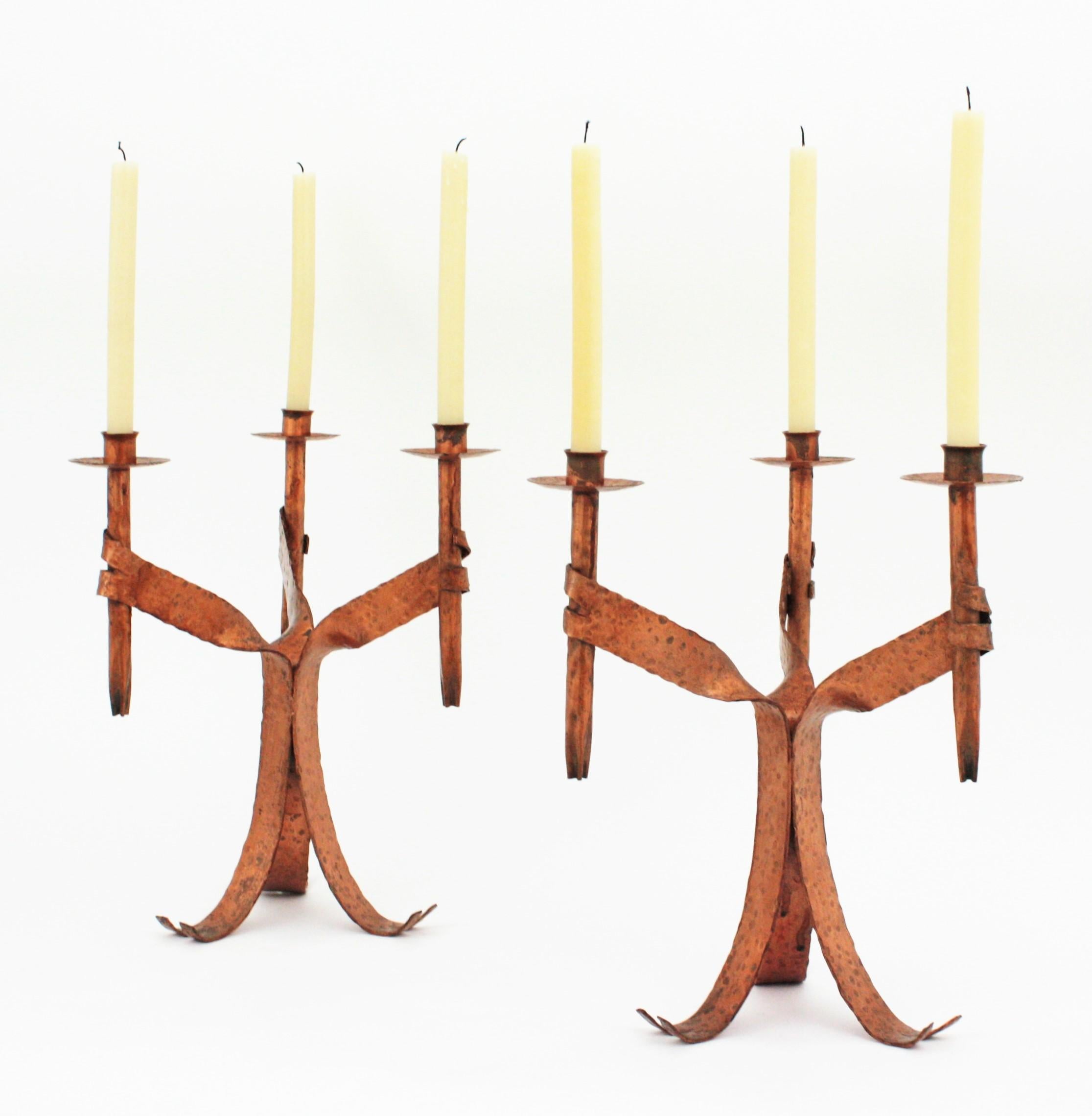 Pair of Candleholders in Coppered Wrought Iron, Gothic Revival For Sale 10