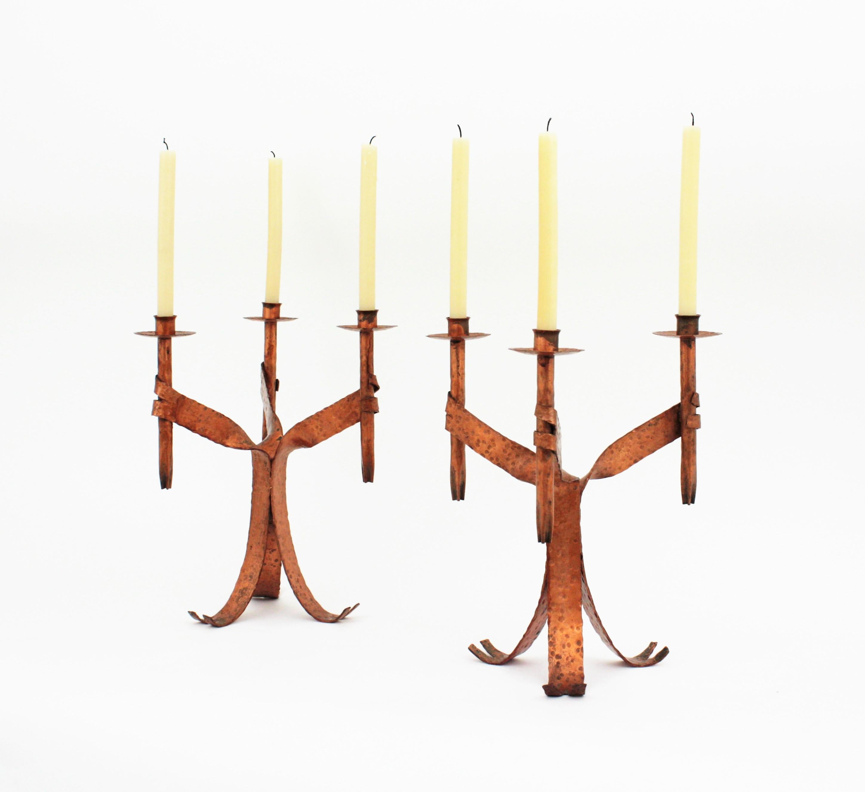 Pair of Gothic Revival Candleholders in Copper Wrought Iron For Sale at