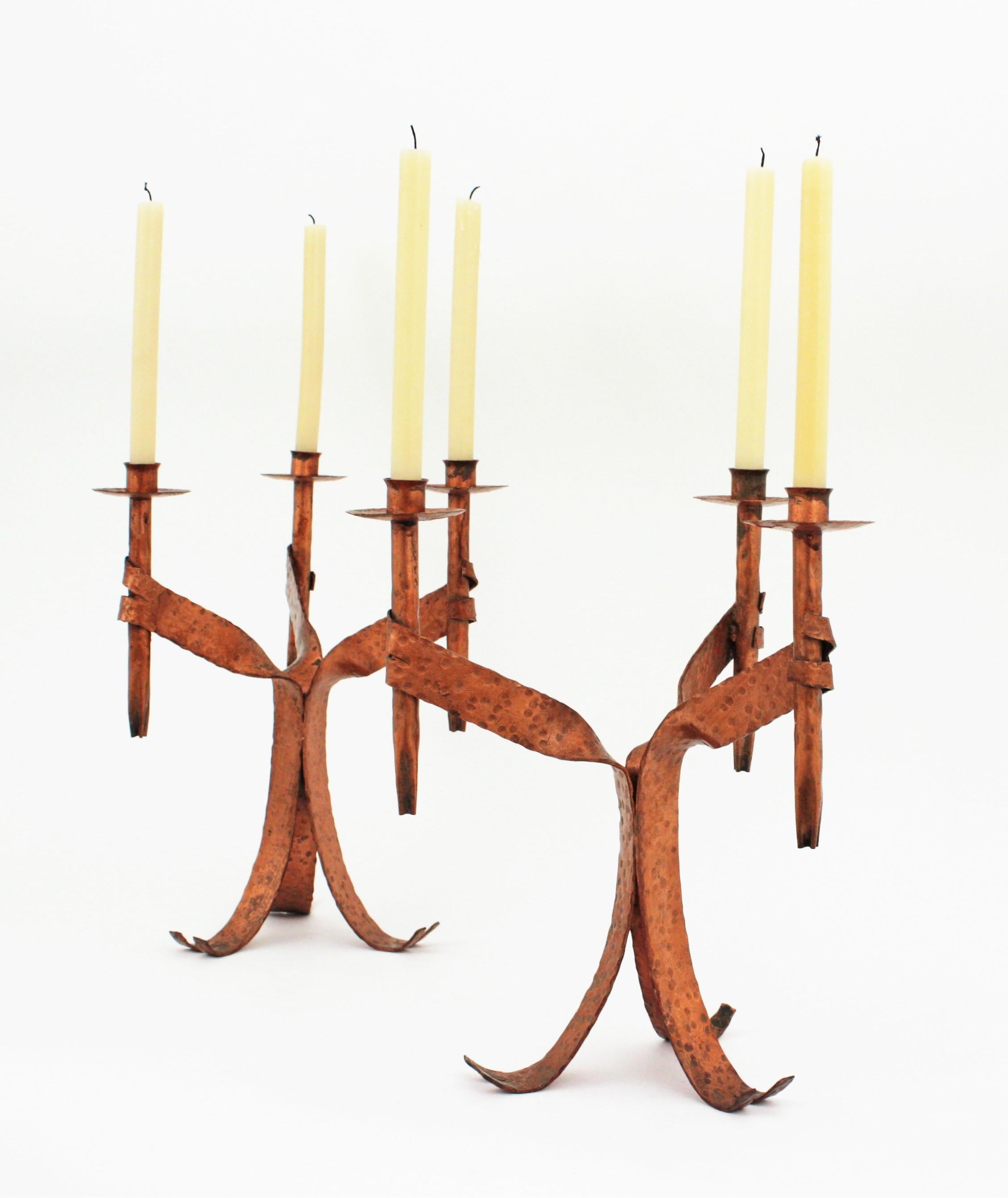 Spanish Pair of Candleholders in Coppered Wrought Iron, Gothic Revival For Sale