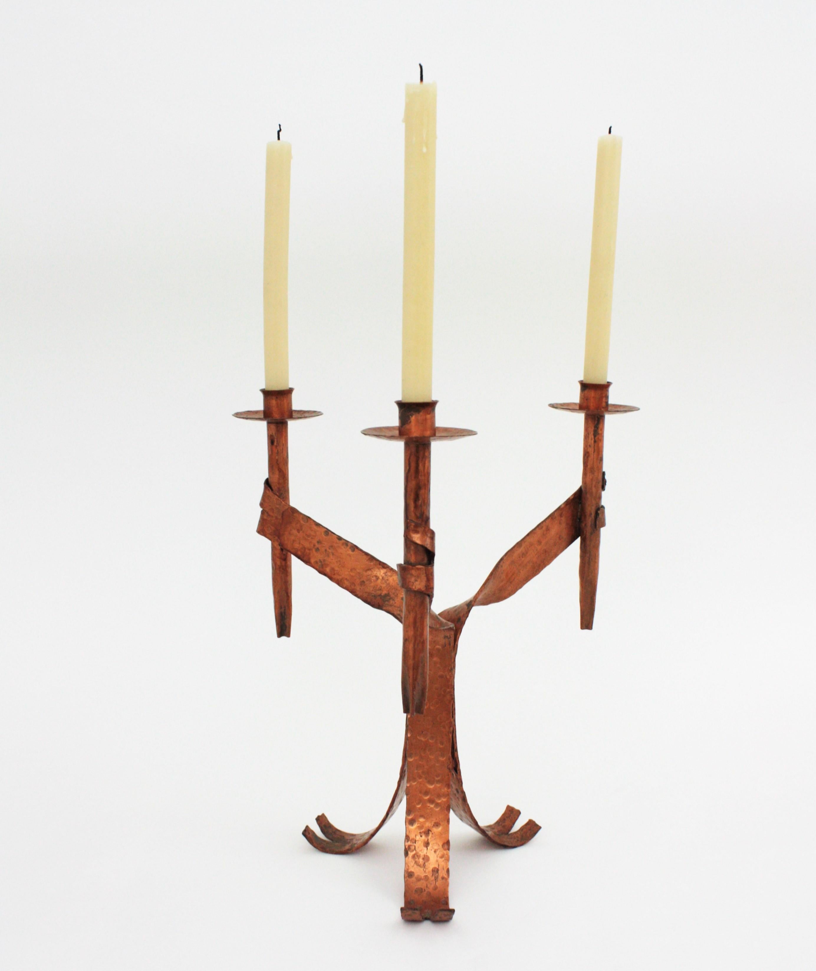 20th Century Pair of Candleholders in Coppered Wrought Iron, Gothic Revival For Sale