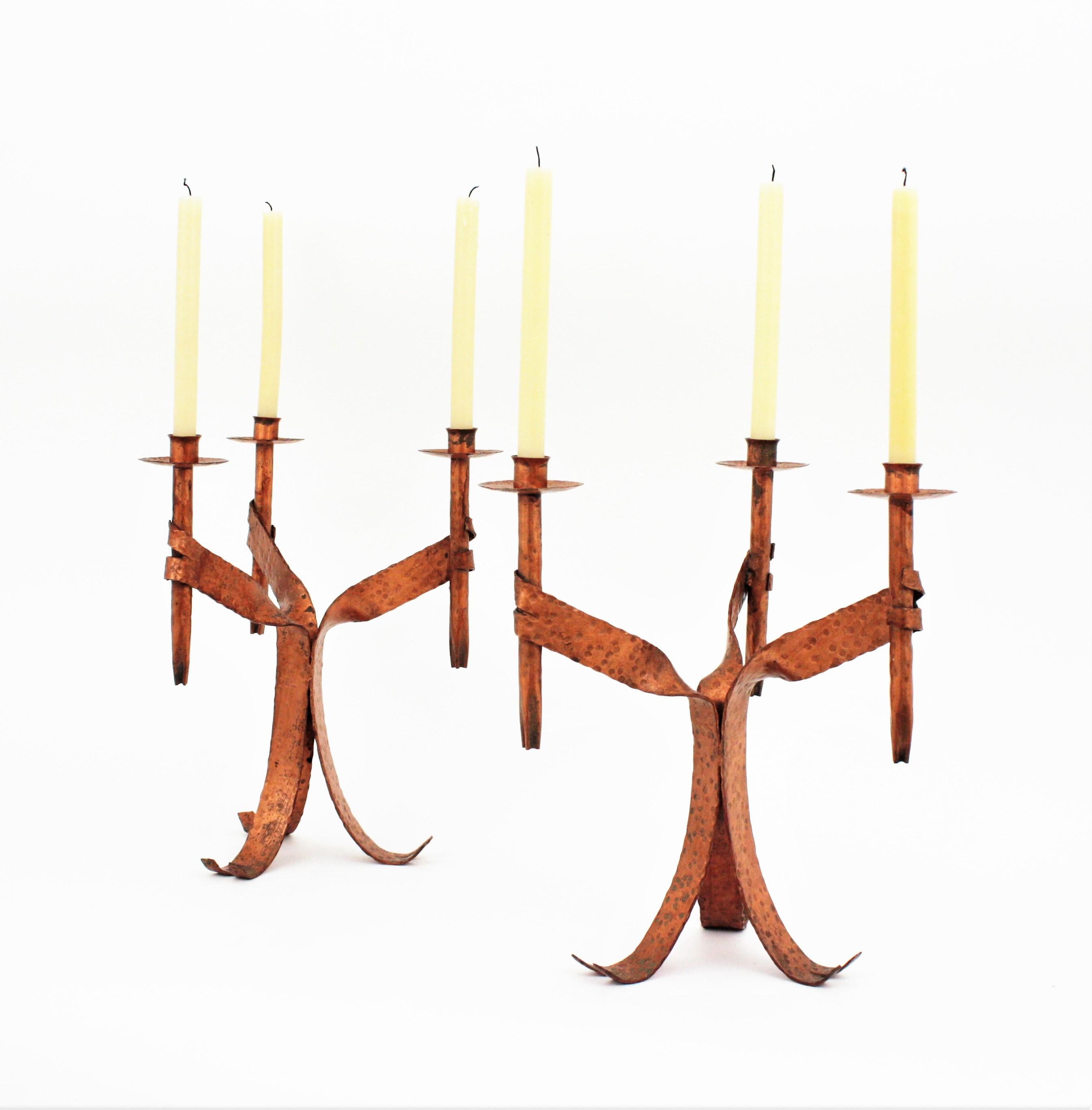 Pair of Candleholders in Coppered Wrought Iron, Gothic Revival For Sale 3