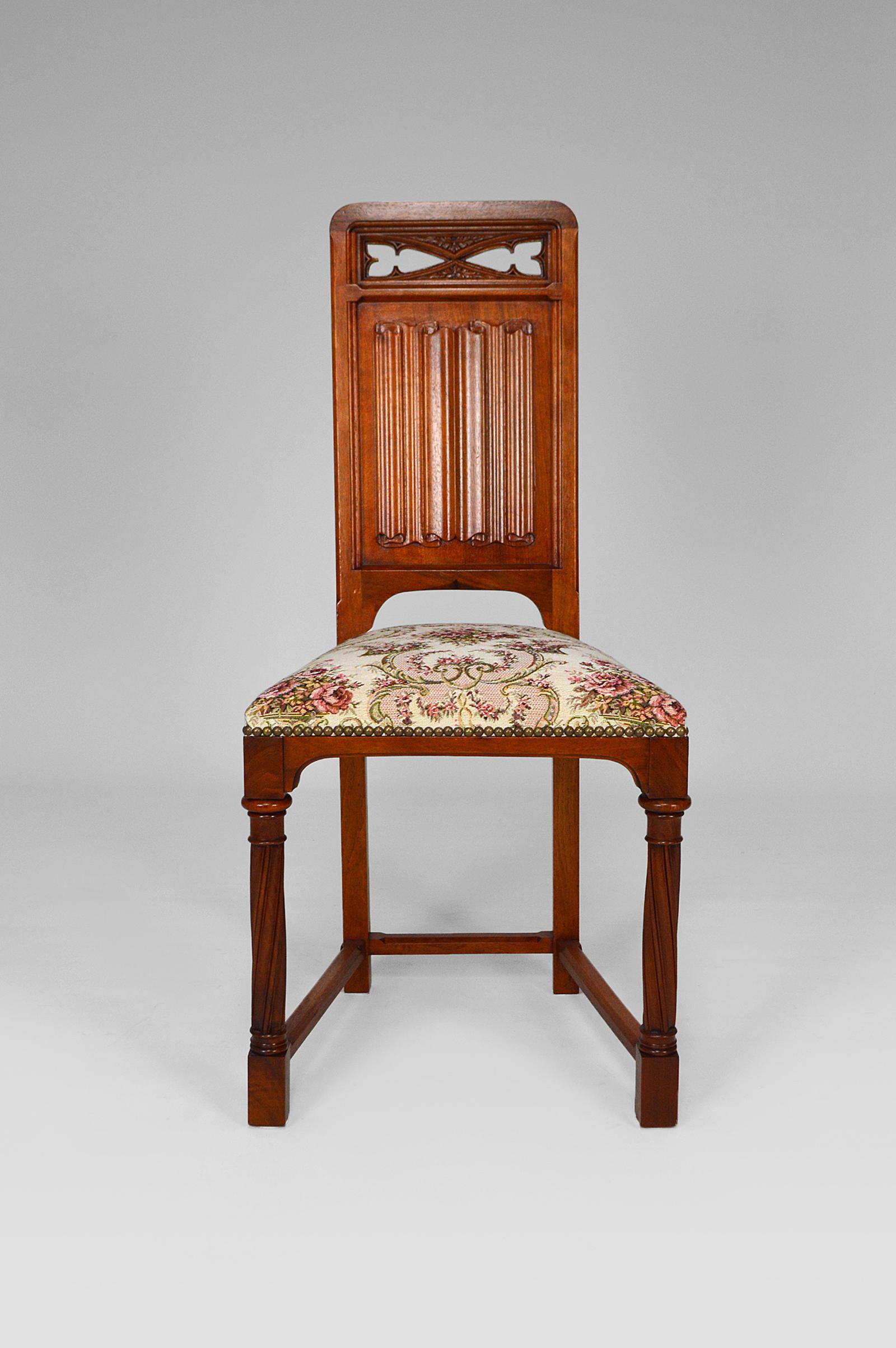 Fabric Pair of Gothic Revival Chairs in Carved Walnut, France, circa 1890 For Sale
