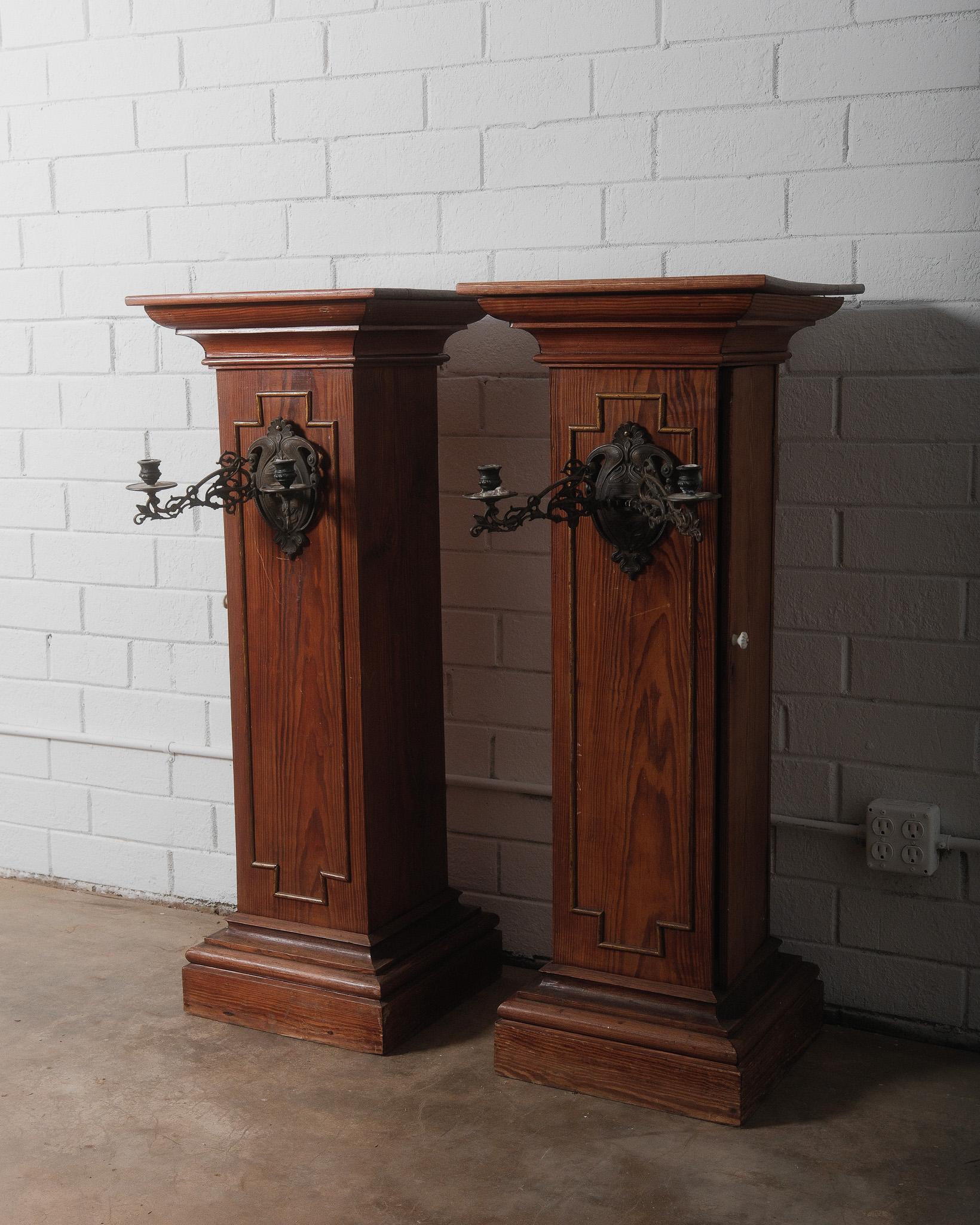 European Pair of Gothic Revival Church Pedestal Stands with Wrought Iron Candle Sconces For Sale