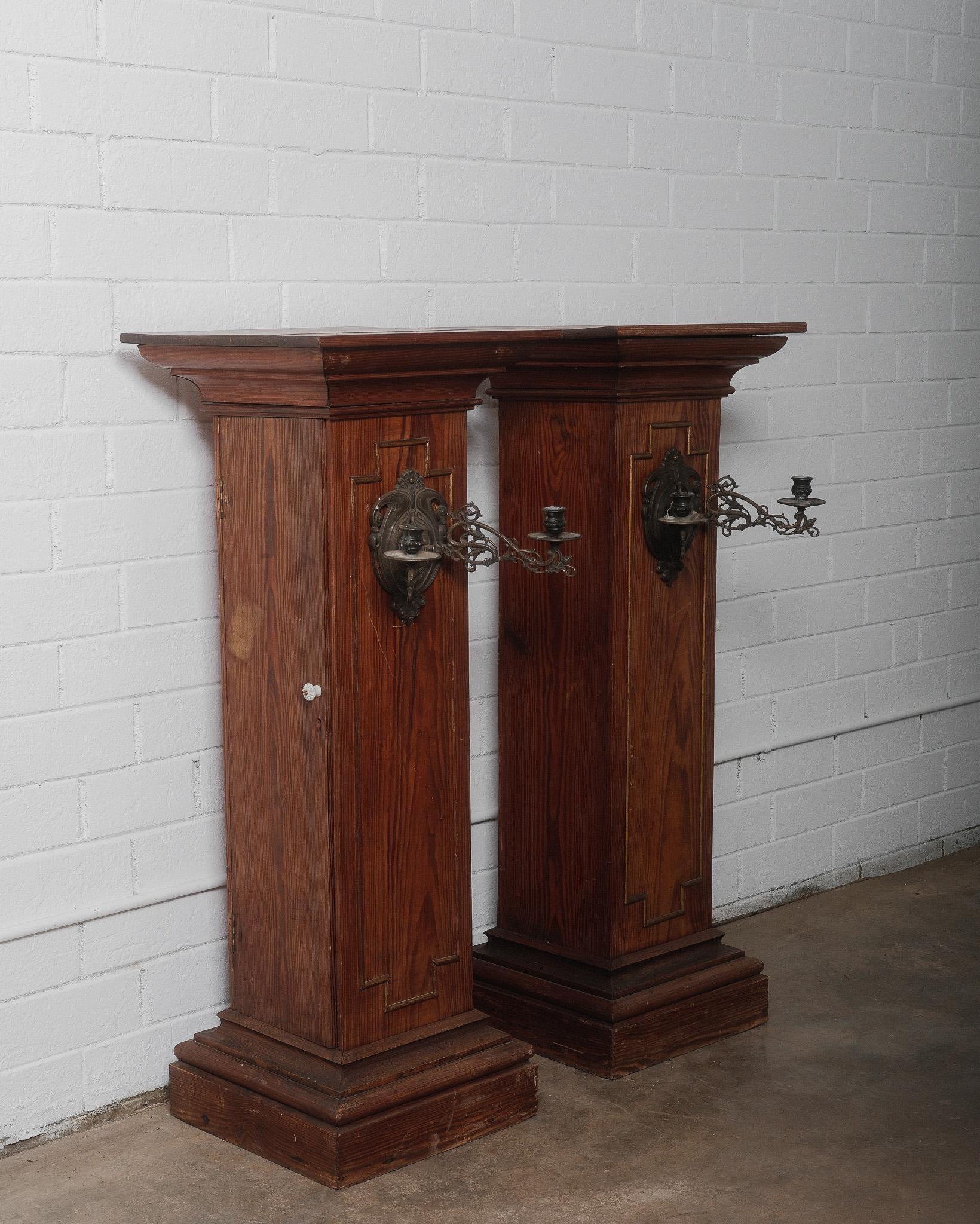 Pair of Gothic Revival Church Pedestal Stands with Wrought Iron Candle Sconces In Good Condition For Sale In High Point, NC