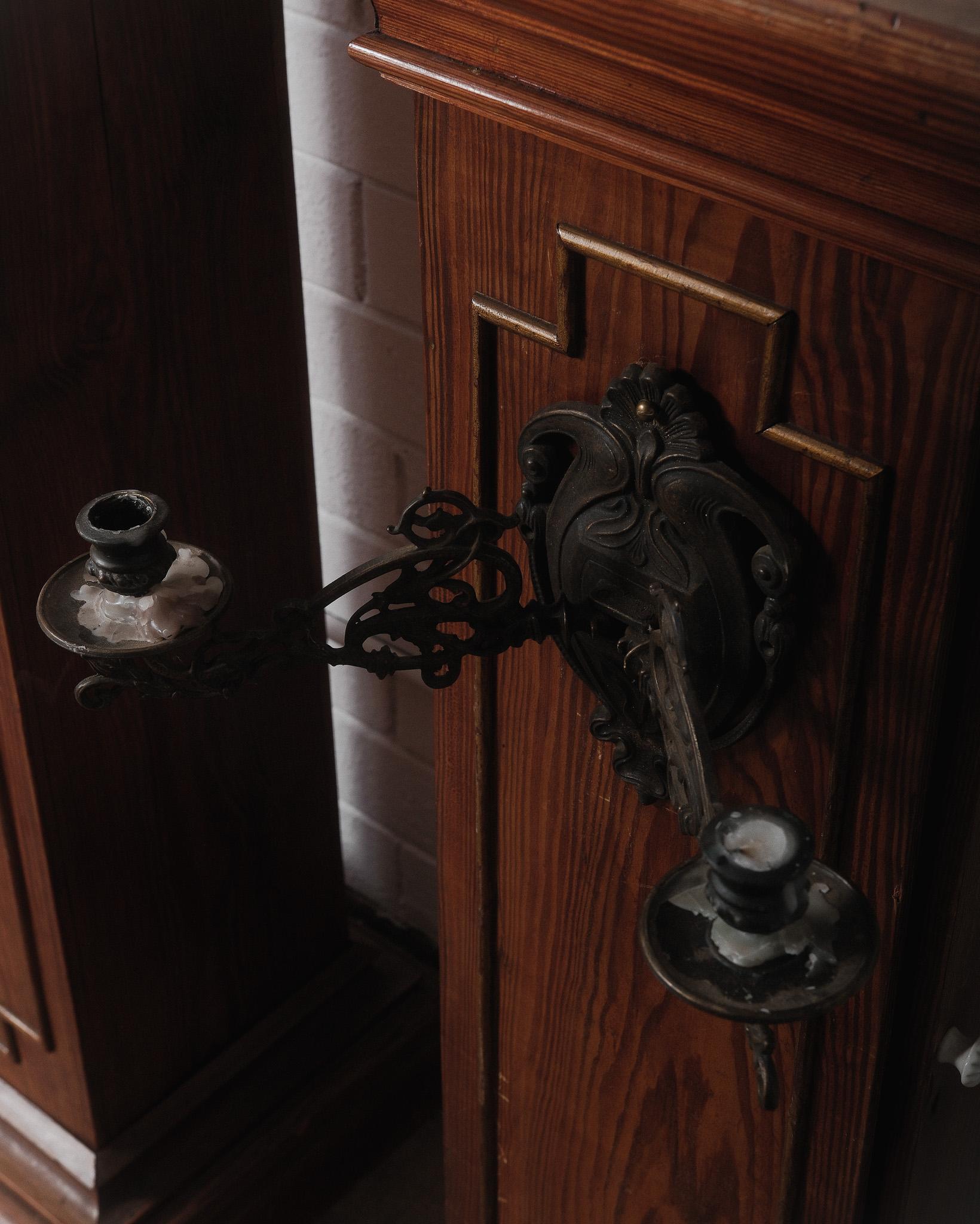 19th Century Pair of Gothic Revival Church Pedestal Stands with Wrought Iron Candle Sconces For Sale