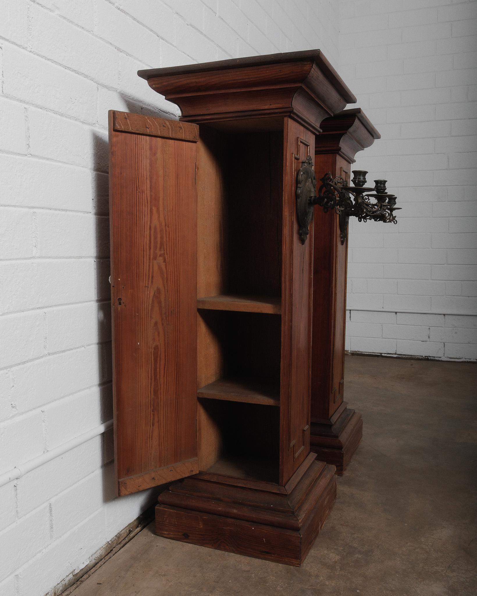 Pair of Gothic Revival Church Pedestal Stands with Wrought Iron Candle Sconces For Sale 2