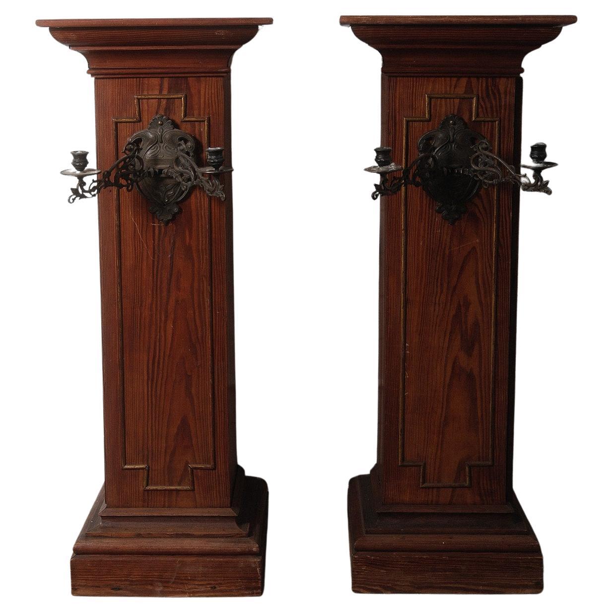 Pair of Gothic Revival Church Pedestal Stands with Wrought Iron Candle Sconces For Sale