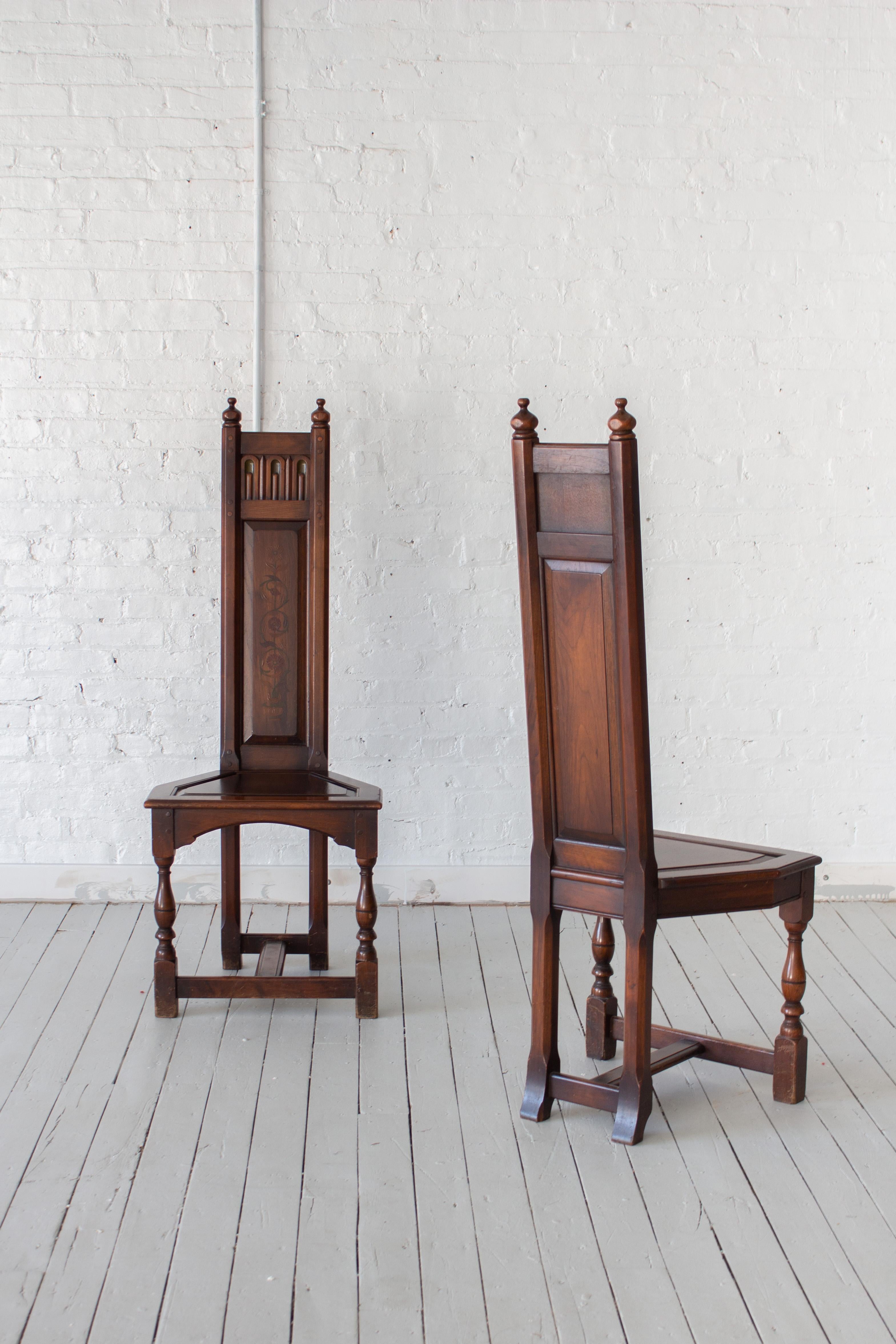 Pair of Gothic Revival Decorated Wooden Chairs by Kittinger For Sale 1