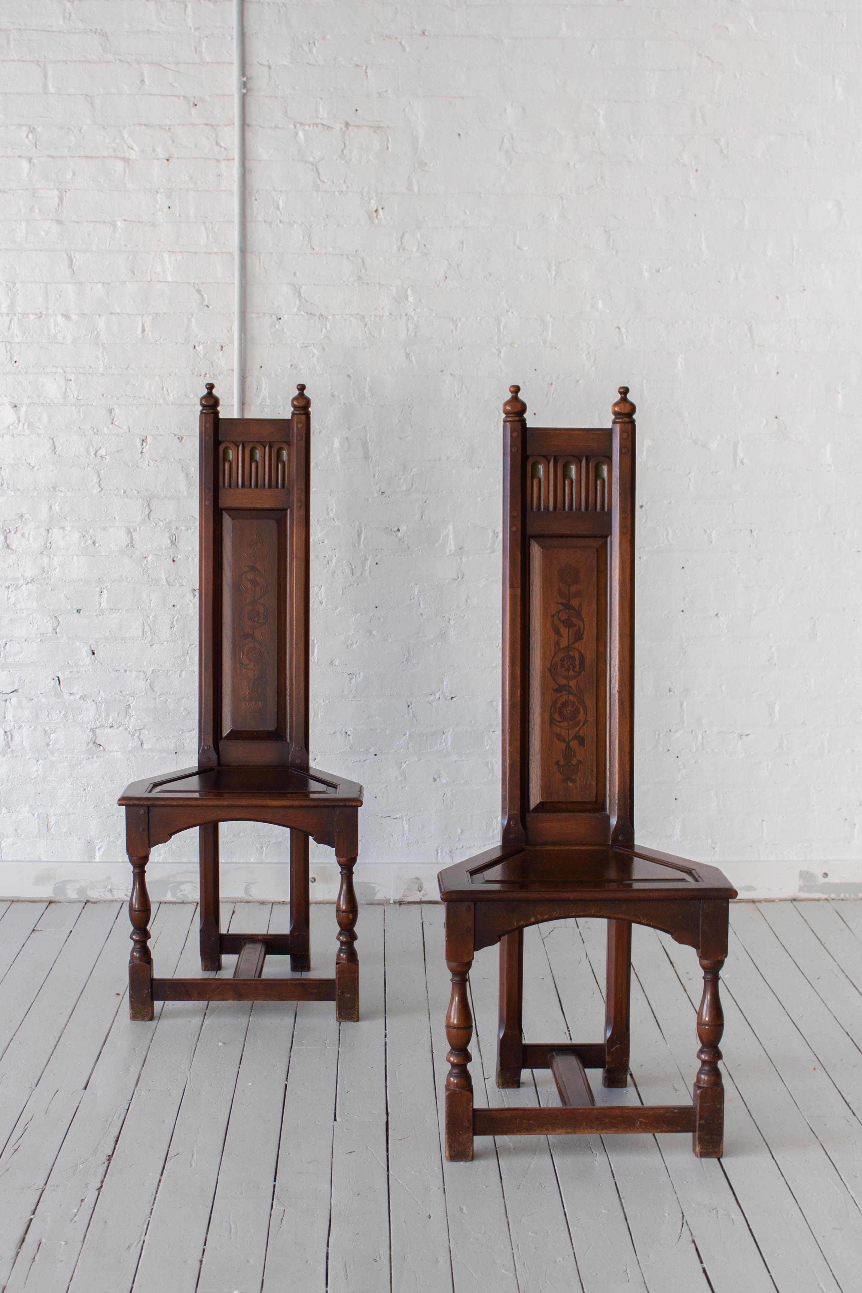 Pair of Gothic Revival Decorated Wooden Chairs by Kittinger For Sale 3