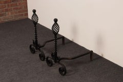 Pair of Gothic Revival Firedogs / Andirons with Basket Twist and Scroll Motif