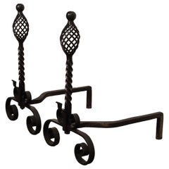 Pair of Gothic Revival Firedogs / Andirons with Basket Twist and Scroll Motif