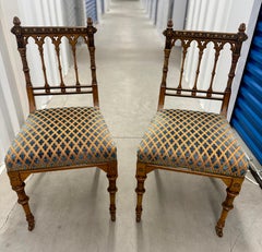 Pair of Gothic Revival Inlaid & Fine Cut Velvet Side Chairs, English, c. 1870