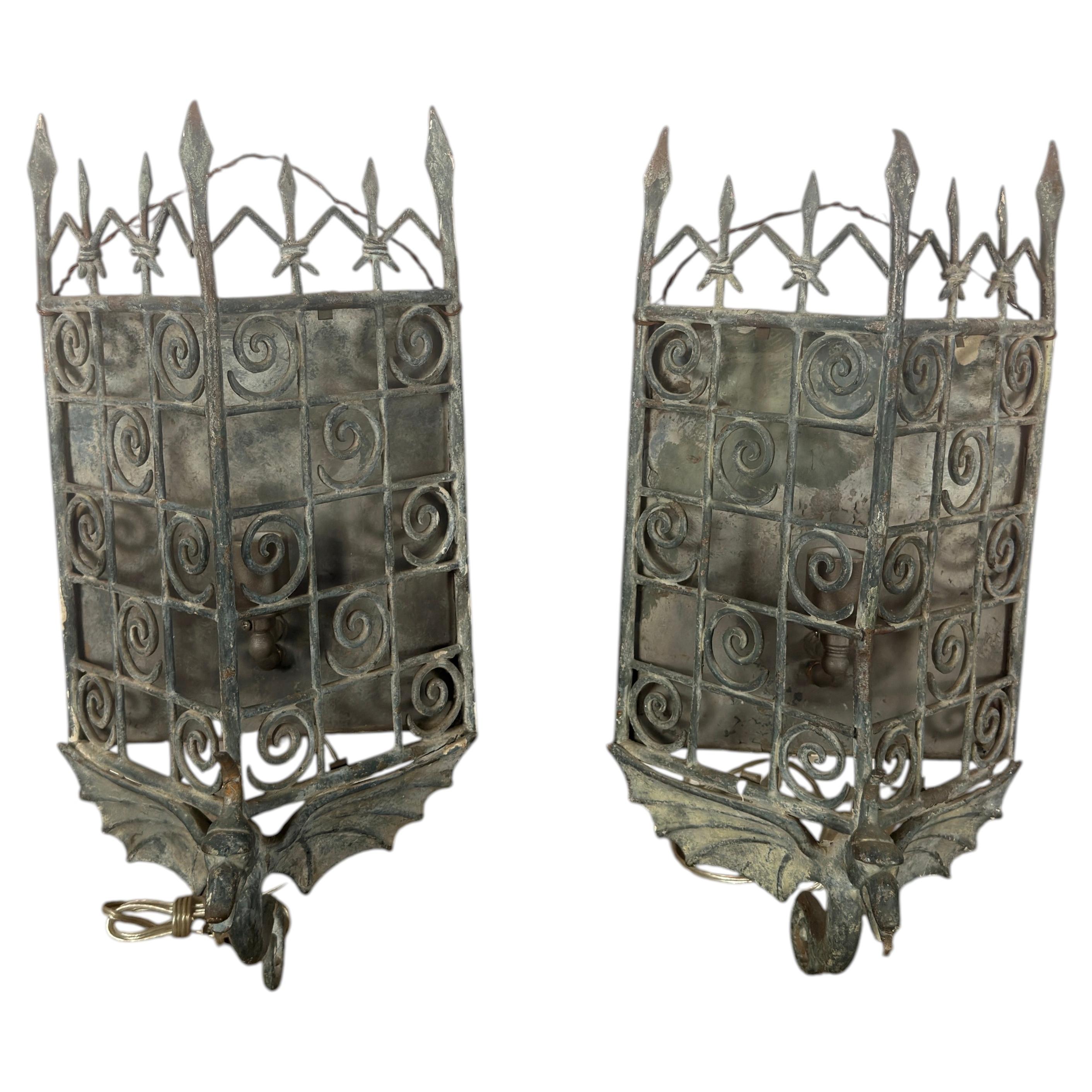 Gothic Revival Wrought Iron Dragon Sconces, Spain, Circa 1930s-1940s For Sale