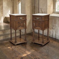Pair of Gothic Revival Oak Nightstands with Carrara Marble Tops