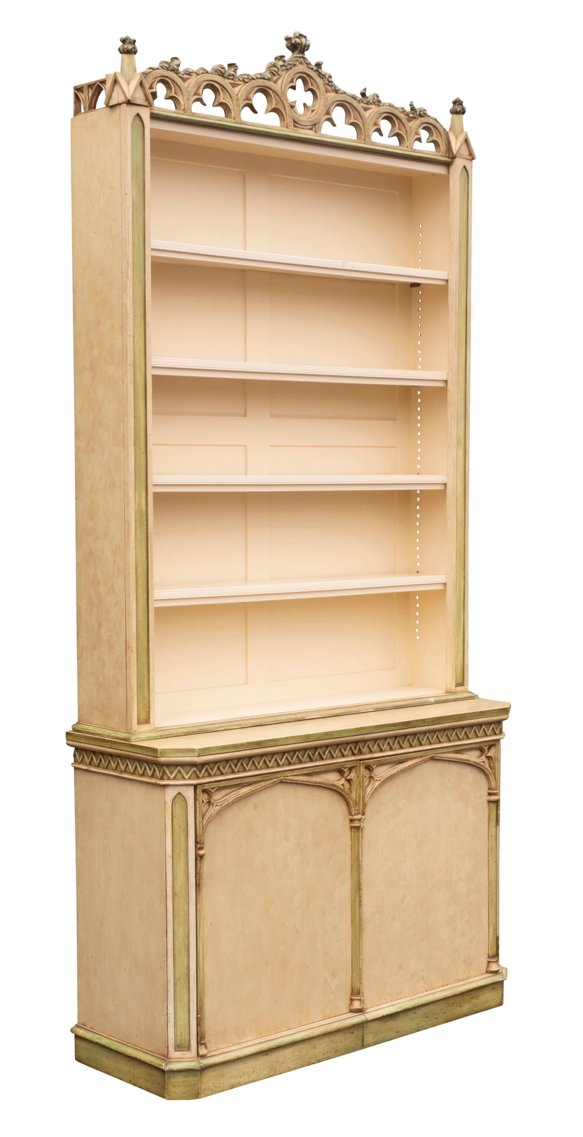 European Pair Of Gothic Revival Painted Bookcases Of Slightly Different Proportions For Sale