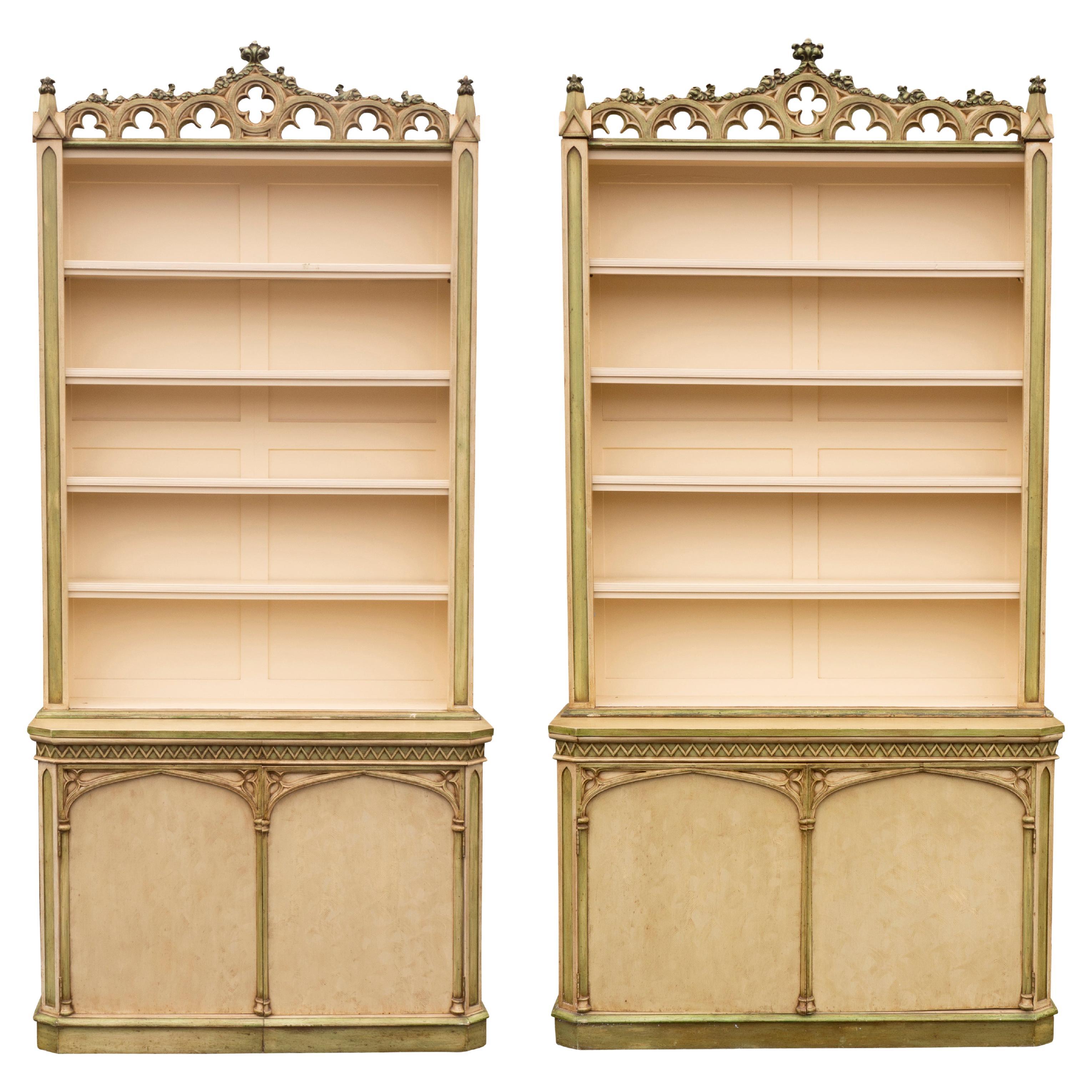 Pair Of Gothic Revival Painted Bookcases Of Slightly Different Proportions For Sale