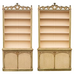 Antique Pair Of Gothic Revival Painted Bookcases Of Slightly Different Proportions