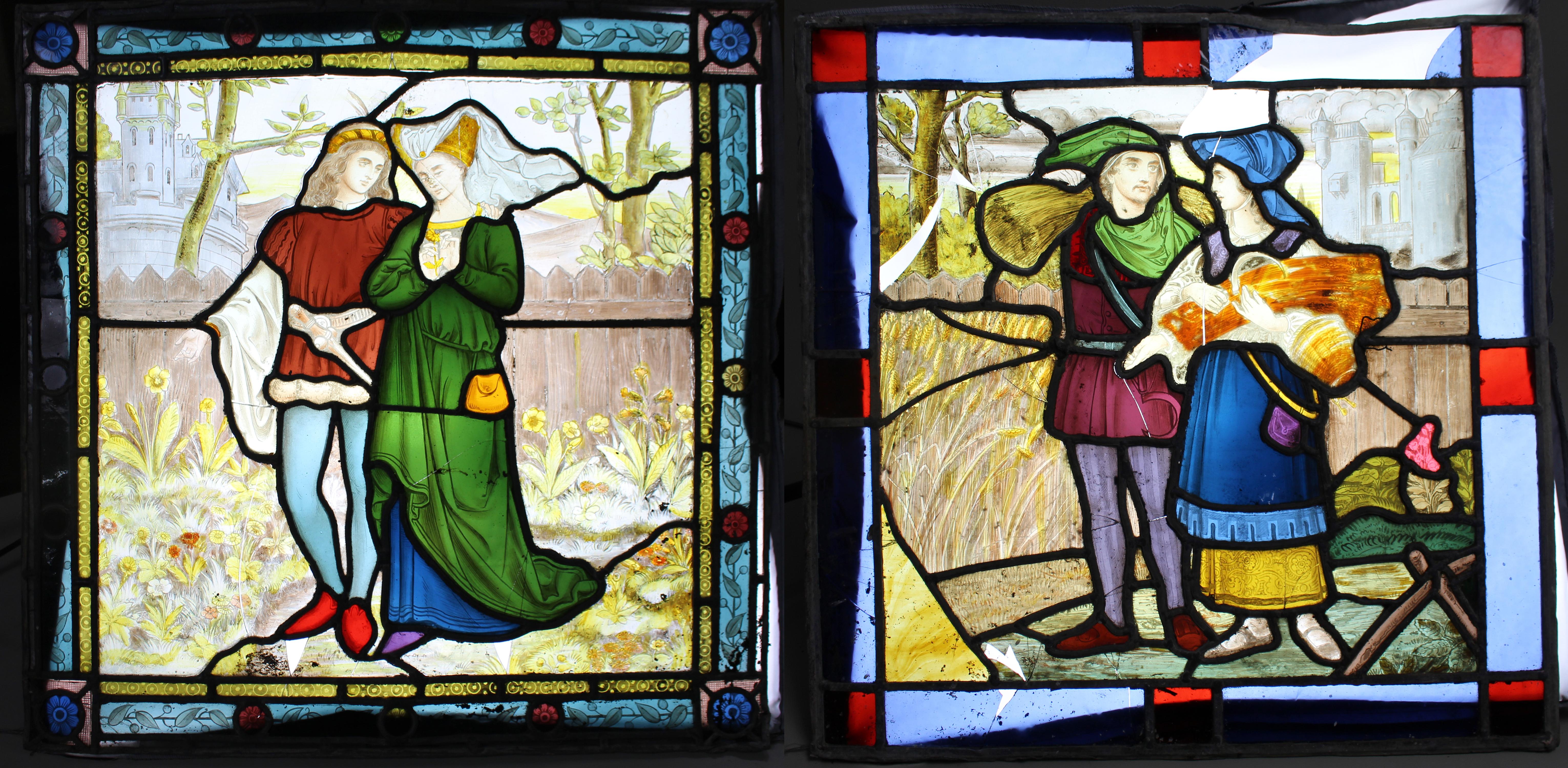 Pareja de paneles de vidrieras pintadas de estilo renacimiento gótico, Inglaterra, Finales del siglo XIX
Par decorativo de paneles de vidrieras pintadas de finales del siglo XIX, probablemente inglesas y ejecutadas en estilo renacimiento gótico.