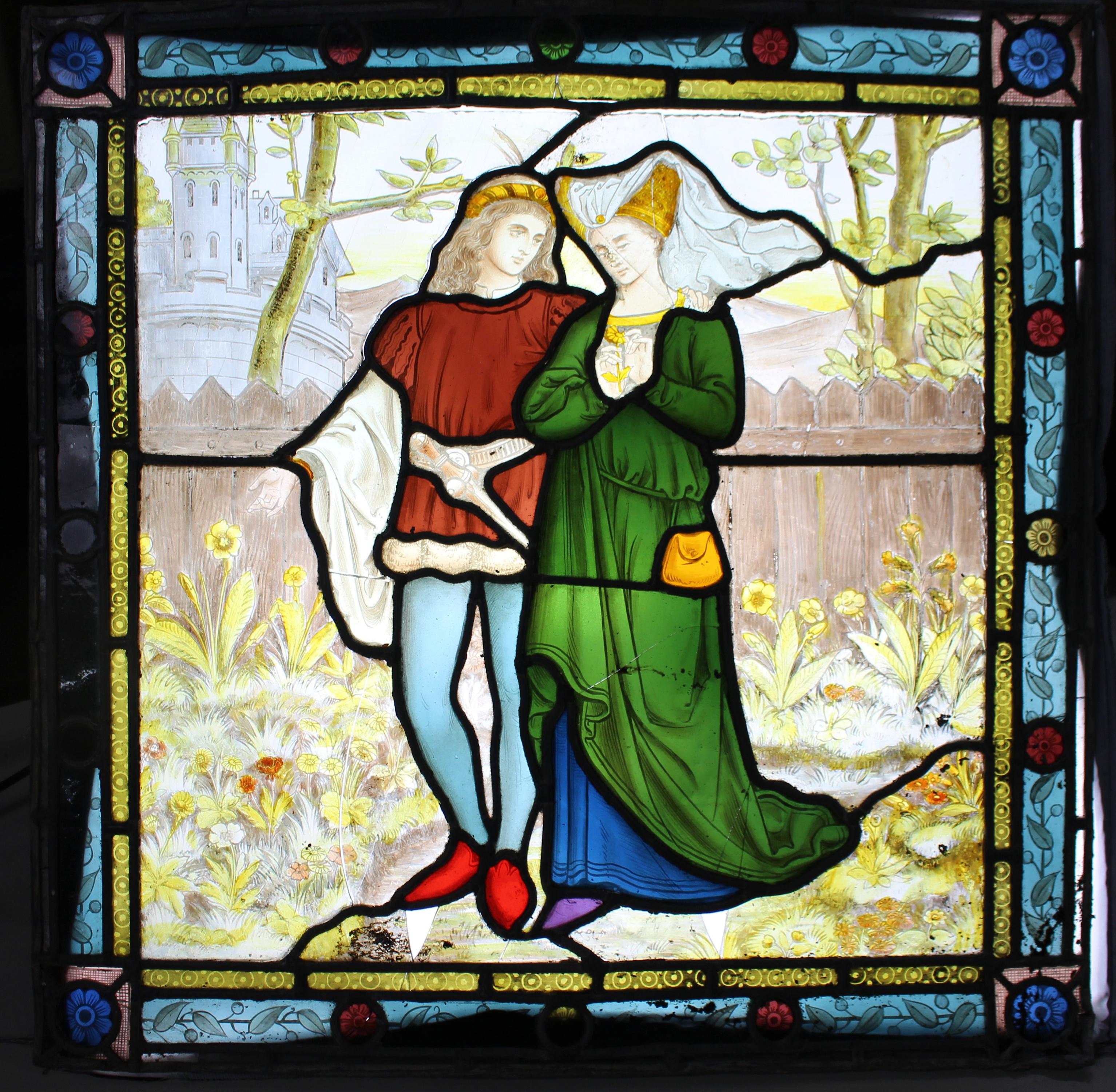 Pareja de paneles de vidrieras pintadas de estilo renacimiento gótico, Inglaterra, Finales del siglo XIX Vitral en venta