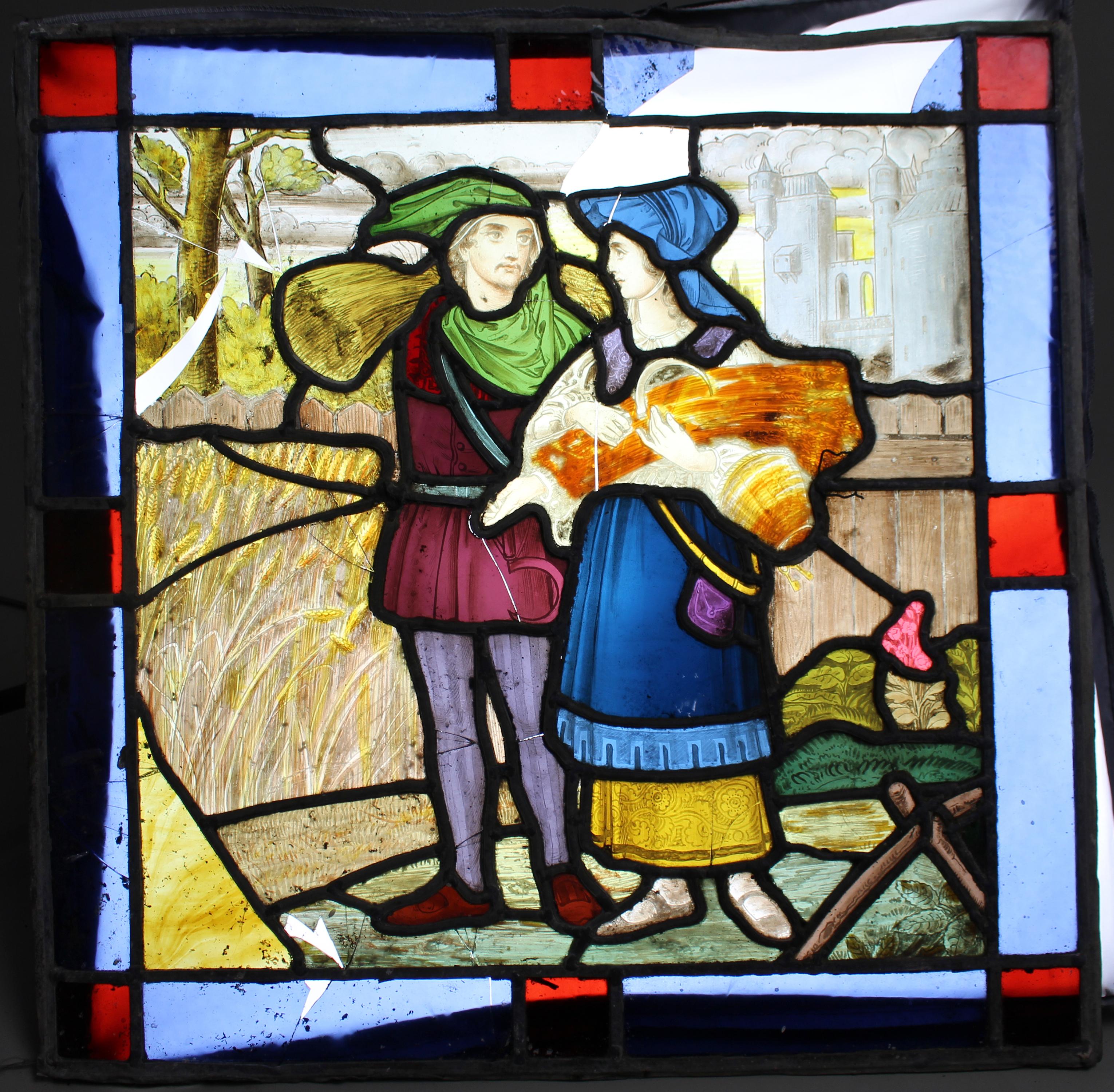 Pareja de paneles de vidrieras pintadas de estilo renacimiento gótico, Inglaterra, Finales del siglo XIX en venta 3
