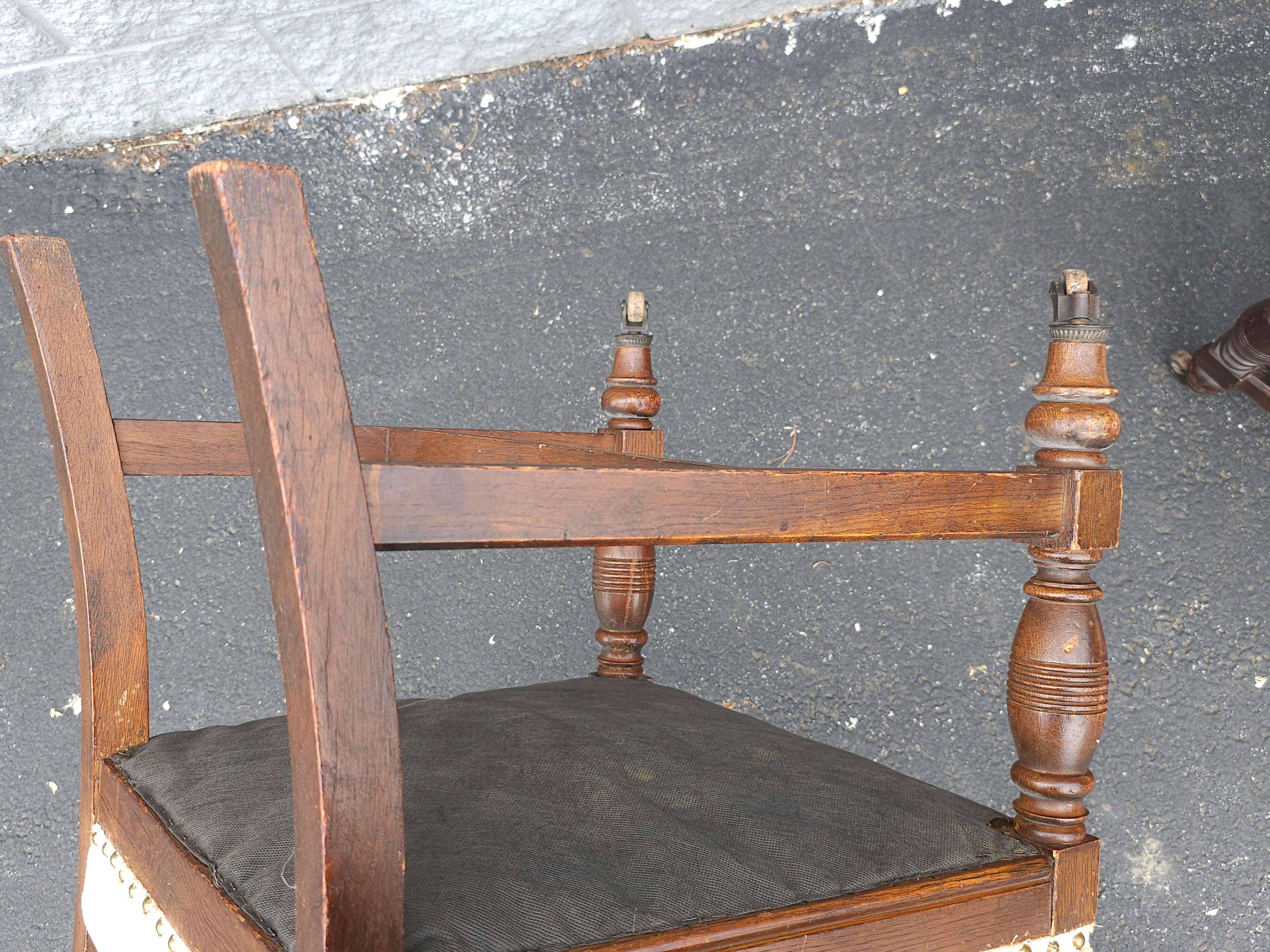 Pair Of Gothic Revival Style Stained Oak Wood And Upholstered Seat Side Chairs For Sale 3