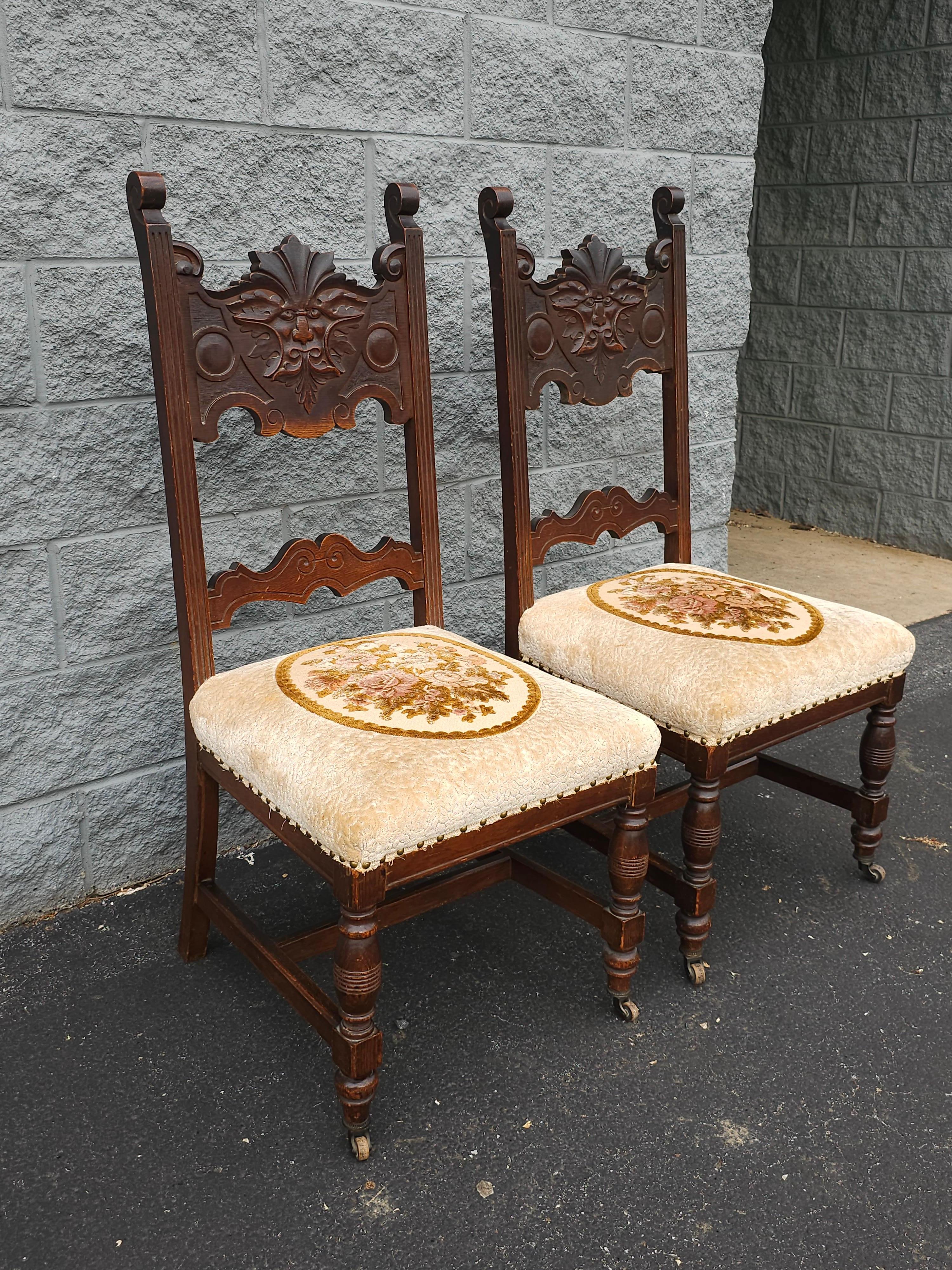 Hand-Carved Pair Of Gothic Revival Style Stained Oak Wood And Upholstered Seat Side Chairs For Sale