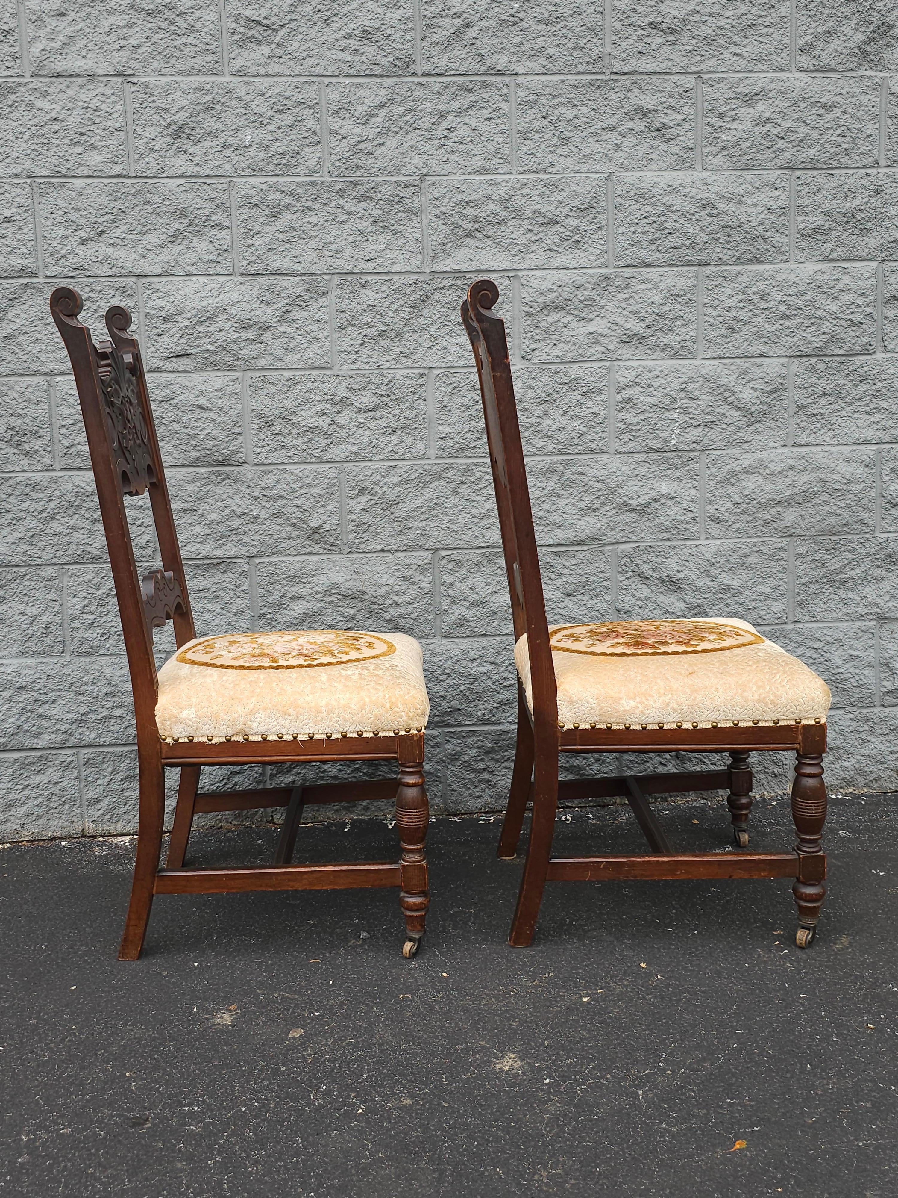 Pair Of Gothic Revival Style Stained Oak Wood And Upholstered Seat Side Chairs In Good Condition For Sale In Germantown, MD