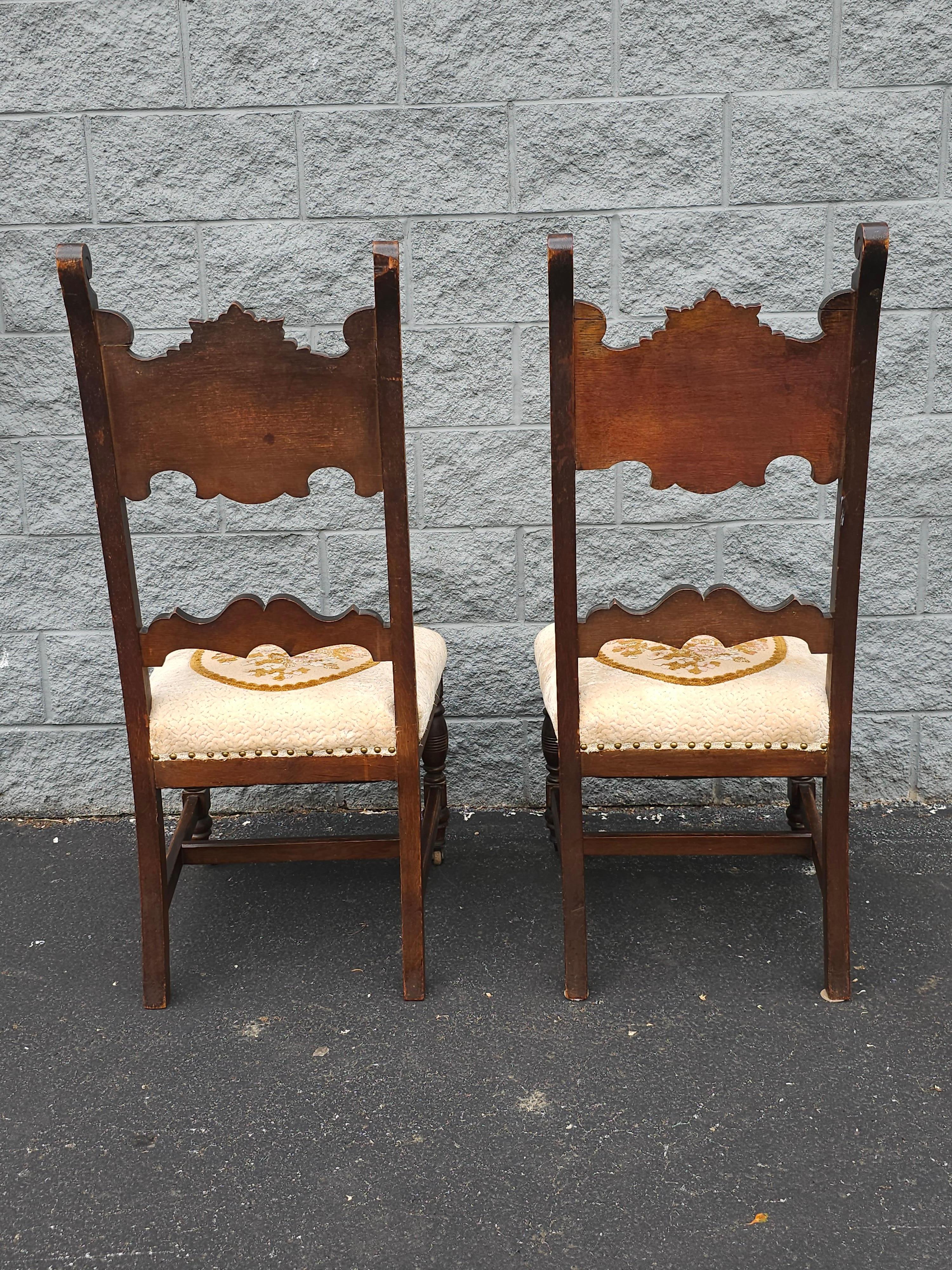 Upholstery Pair Of Gothic Revival Style Stained Oak Wood And Upholstered Seat Side Chairs For Sale